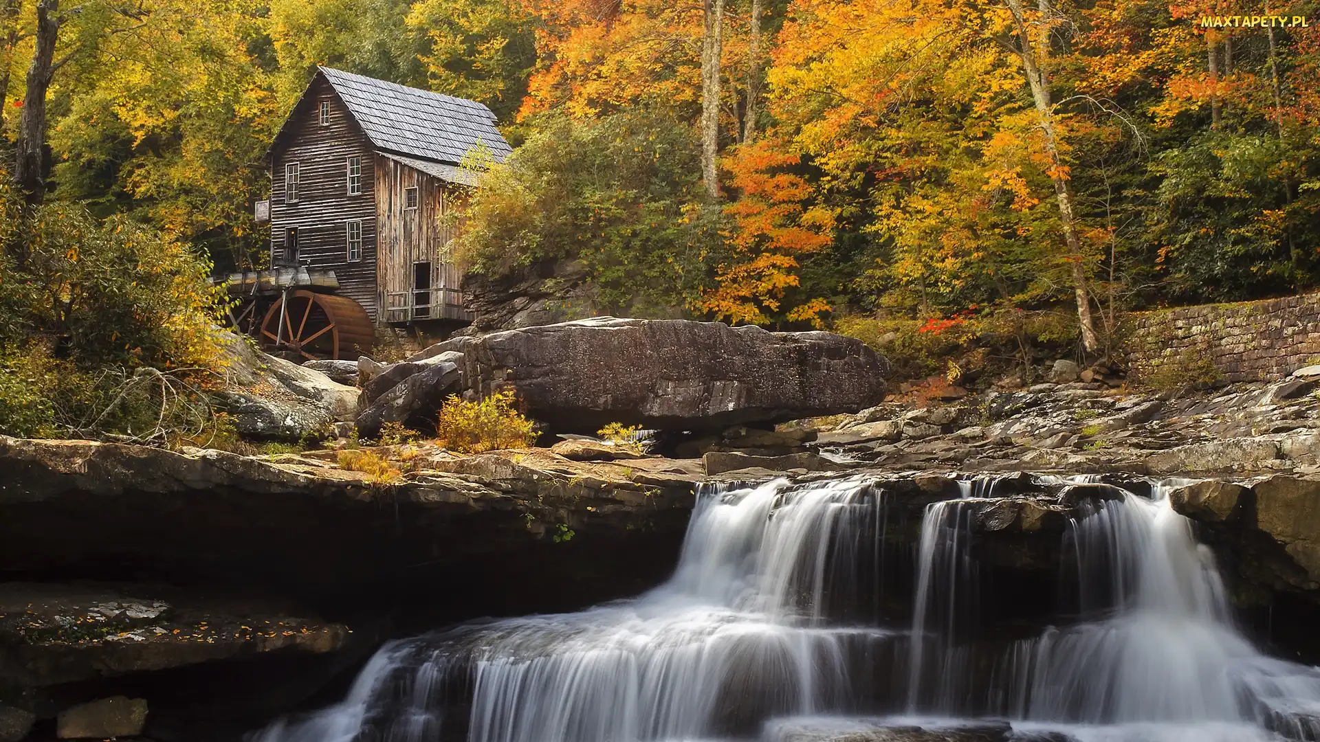Młyn, Wirginia Zachodnia, Skała, Stany Zjednoczone, Park Babcock State, Rzeka New River Gorge, Glade Creek Grist Mill, Most, Jesień
