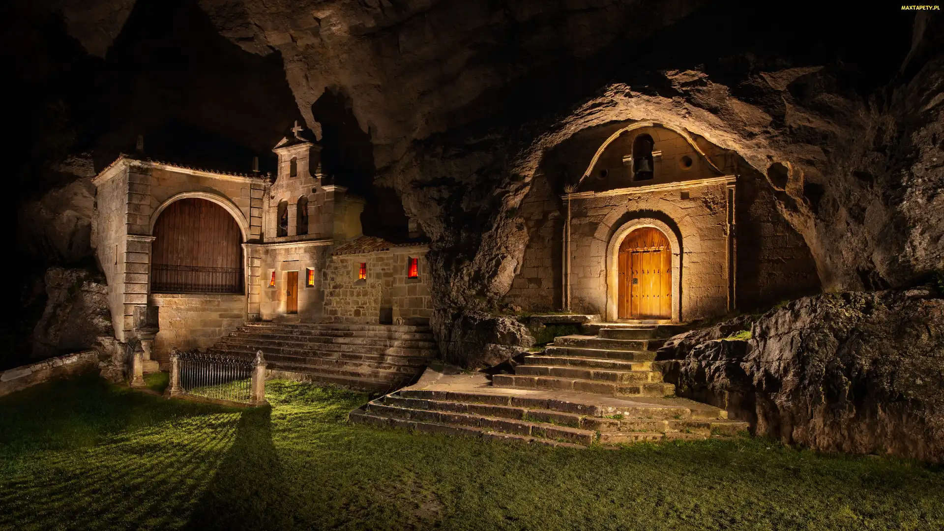 Sanktuarium, Burgos, Skała, Hiszpania, Noc, Drzwi, Ermita de San Bernabe, Ojo Guarena, Schody
