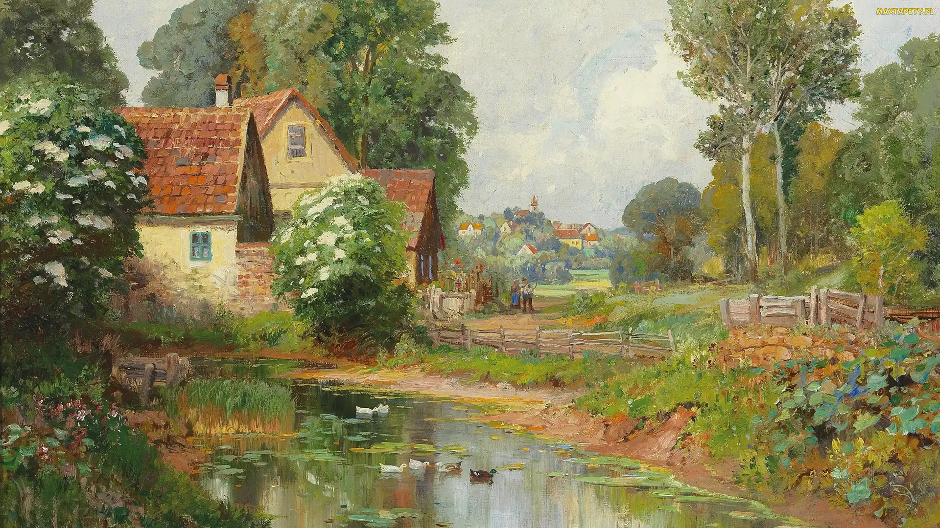 Krzewy, Alois Arnegger, Staw, Malarstwo, Obraz, Wiosna, Dom, Kaczki, Drzewa, Wieś