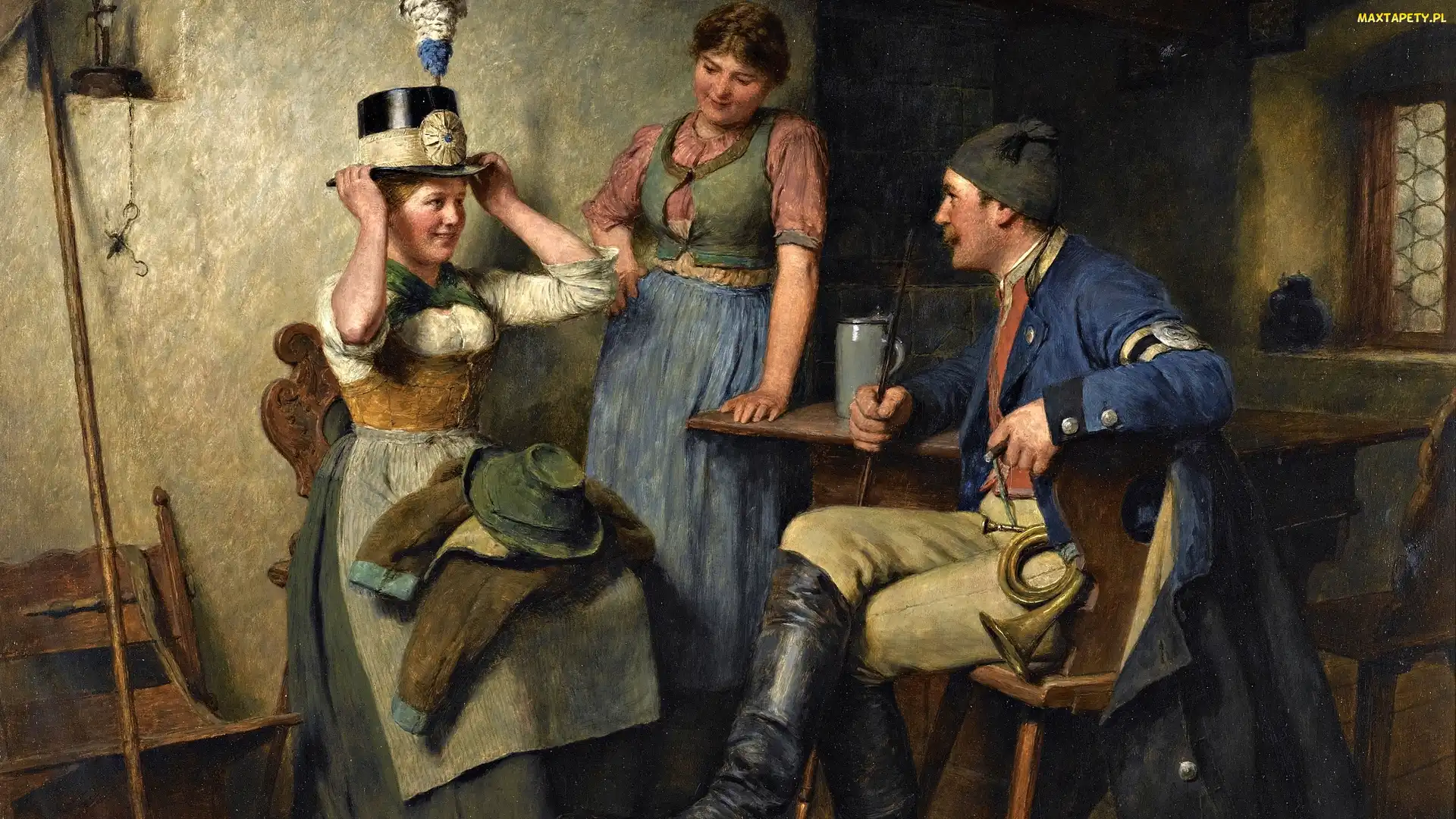 Malarstwo, Kobiety, Obraz, Dwie, Kuchnia, Hugo Wilhelm Kauffmann, Stół, Mężczyzna