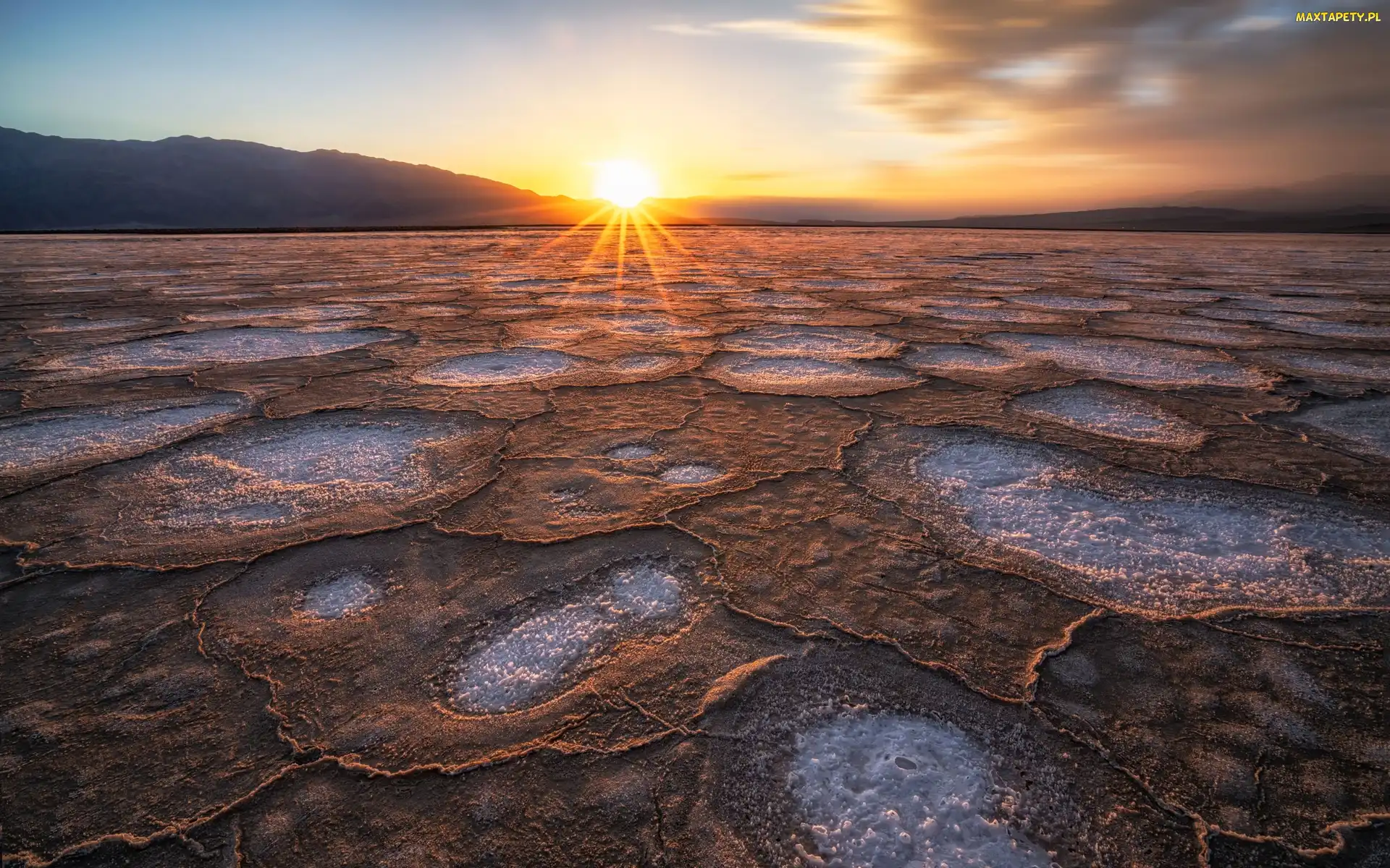 Park Narodowy Doliny Śmierci, Kalifornia, Badwater, Stany Zjednoczone, Promienie słońca, Solnisko, Death Valley National Park, Wyschnięte, Jezioro