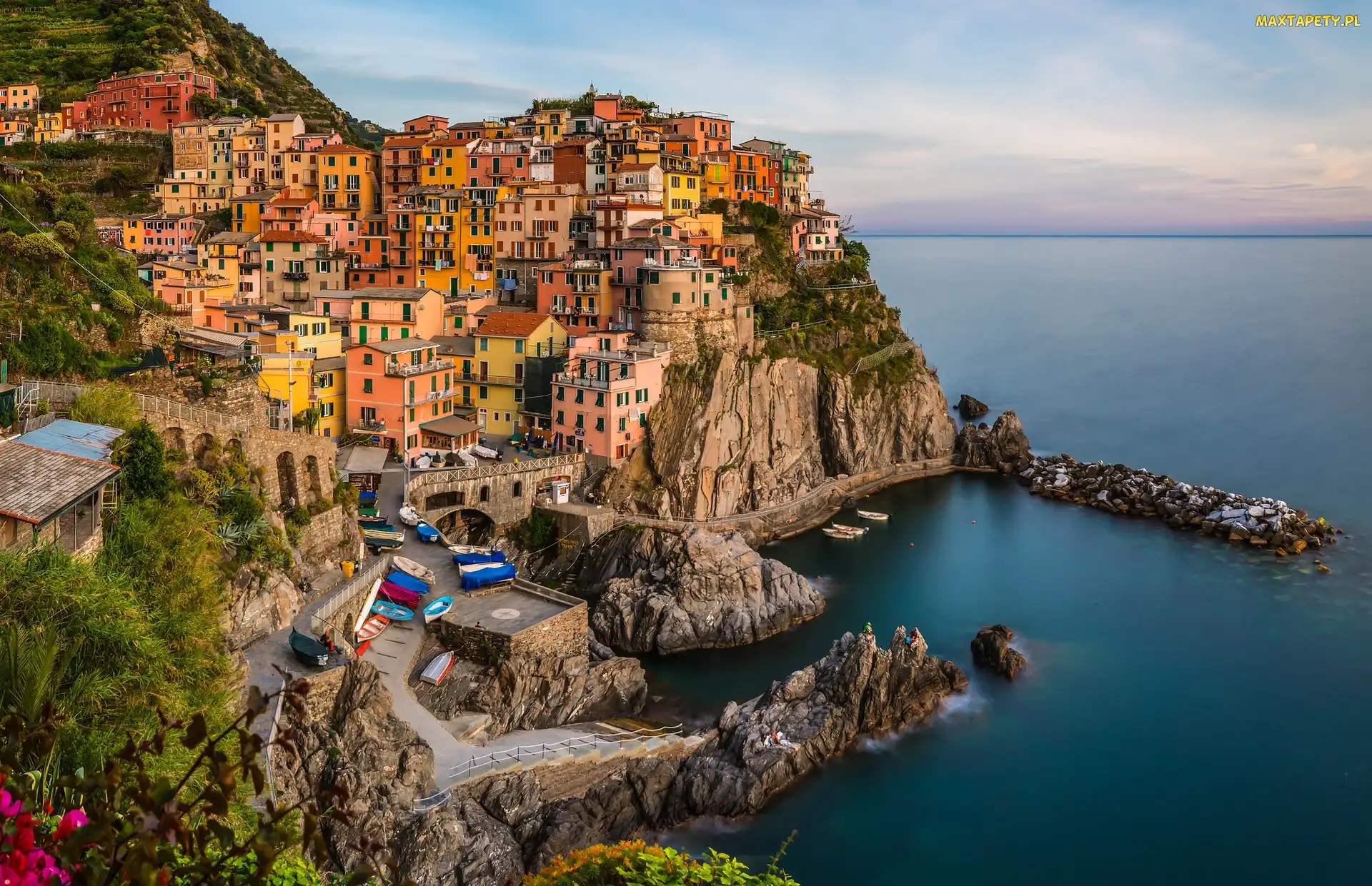 Włochy, Zatoka, Kolorowe, Skały, Domy, Cinque Terre, Gmina Riomaggiore, Miejscowość Manarola, Morze Liguryjskie