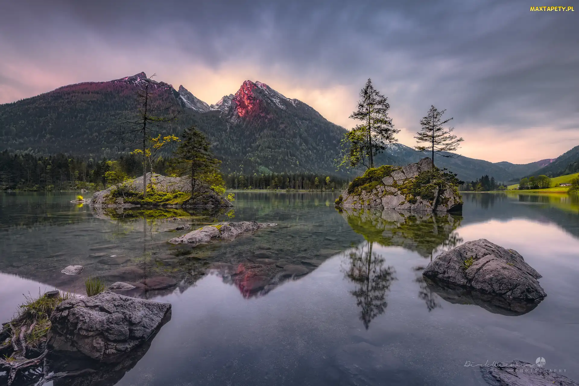 Bawaria, Chmury, Jezioro Hintersee, Niemcy, Skały, Góry Alpy, Drzewa