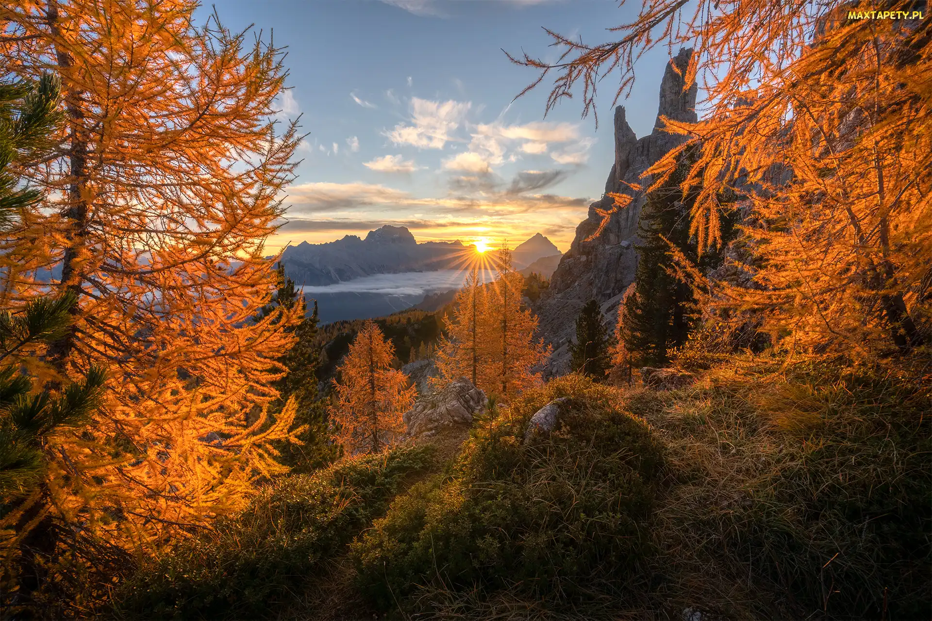 Włochy, Dolomity, Góry, Jesień, Drzewa, Promienie słońca