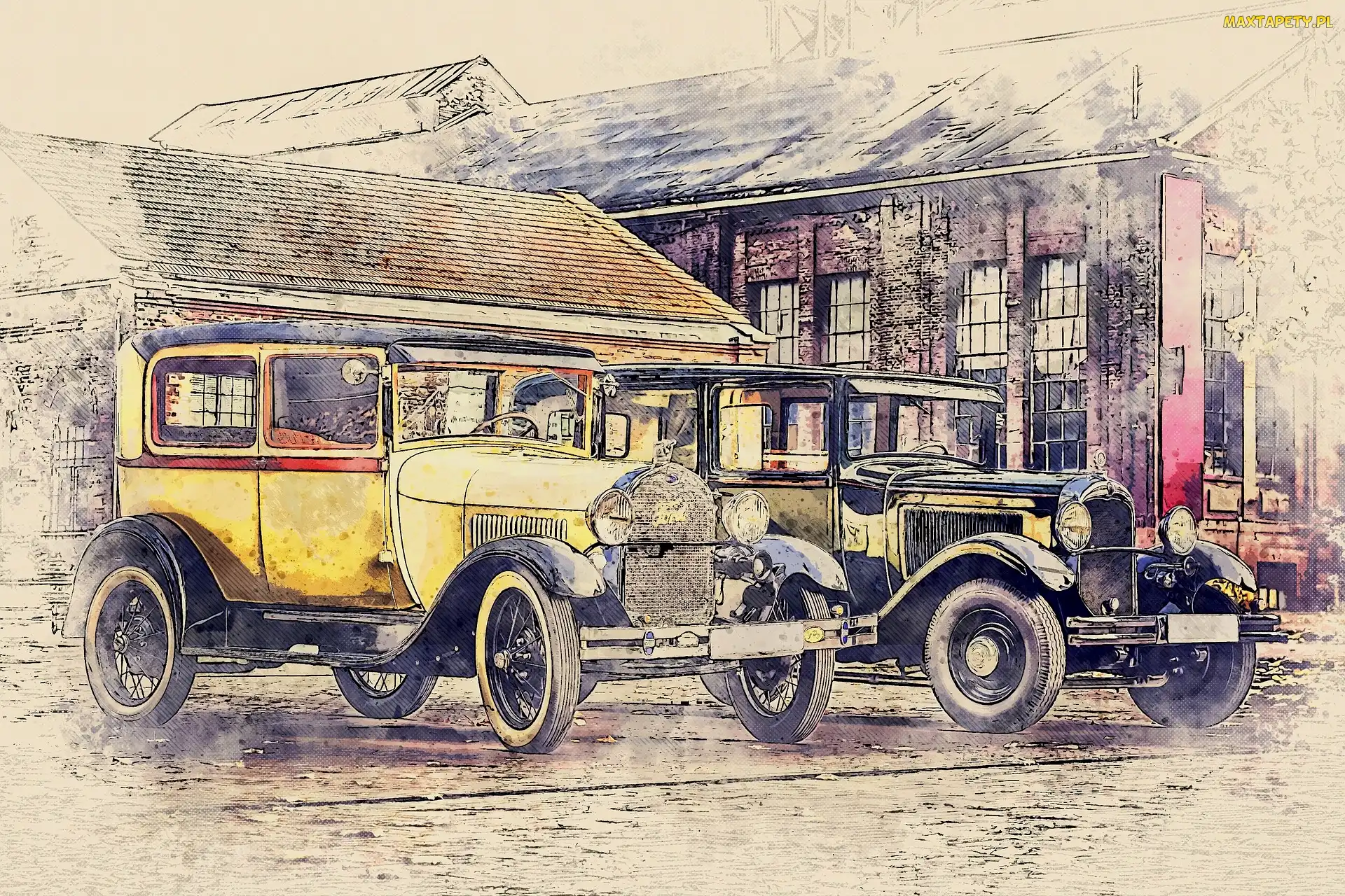 Samochody zabytkowe, Domy, Grafika