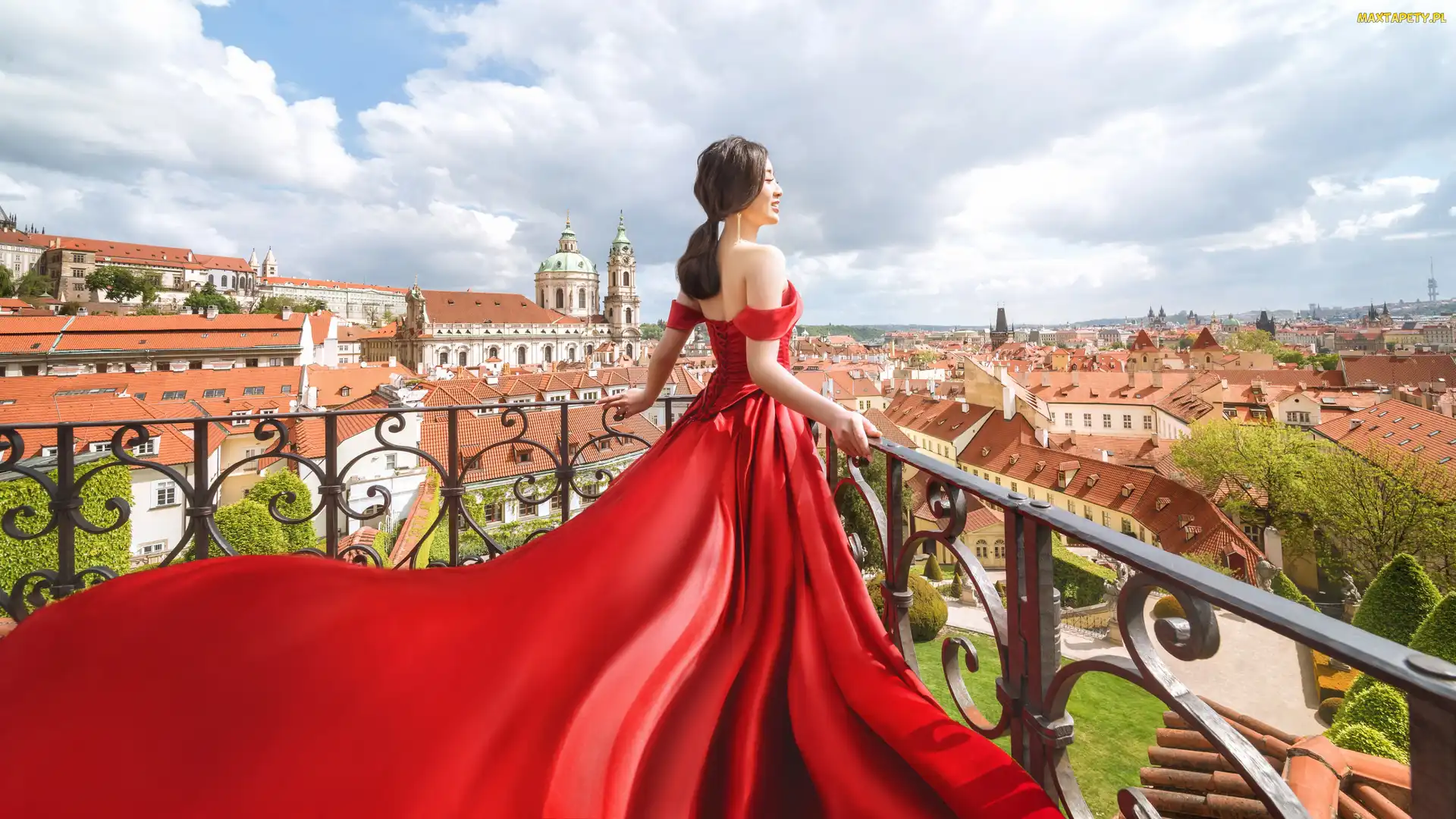 Kobieta, Miasto, Suknia, Balkon, Czerwona