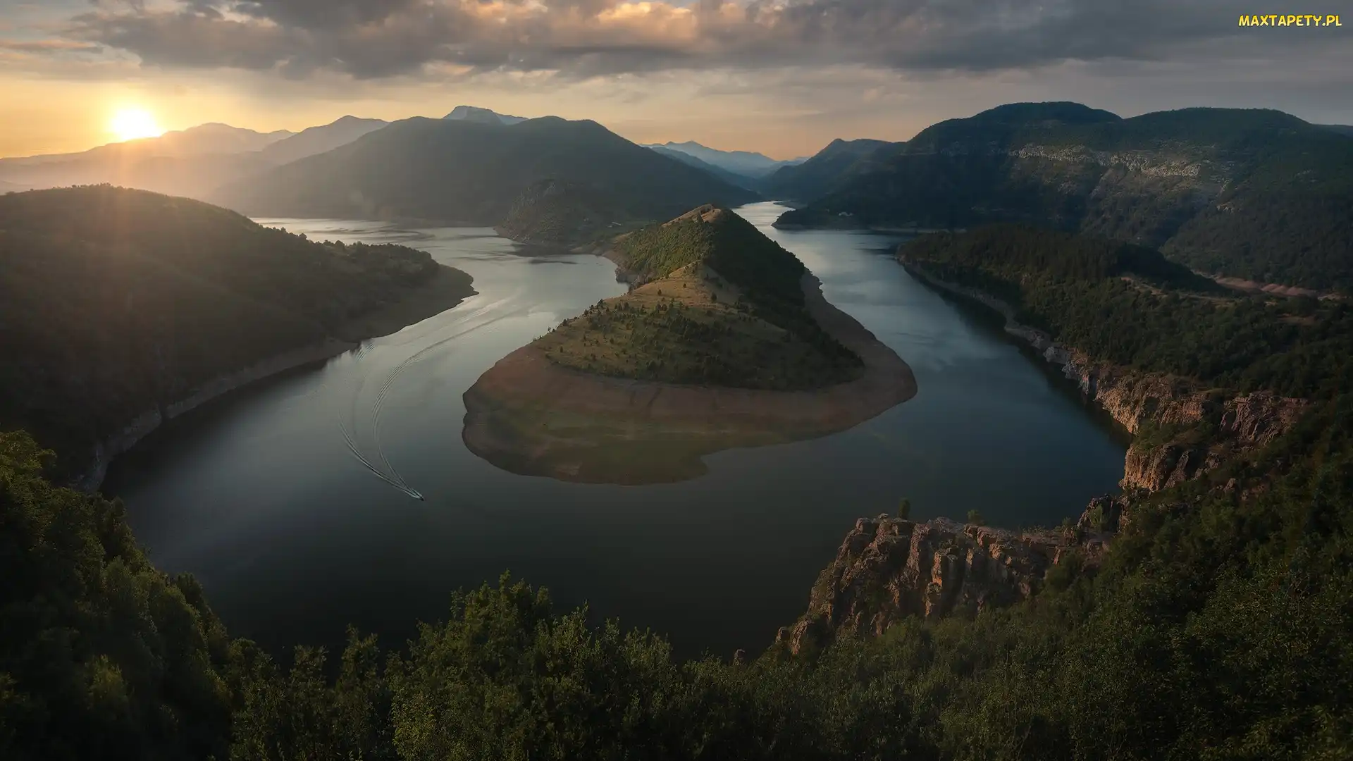 Bułgaria, Rzeka Arda, Słońce, Meander, Góry Rodopy, Skały, Zakole