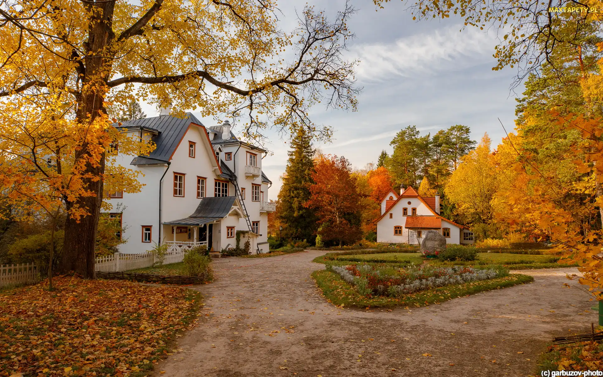 Drzewa, Jesienne, Domy, Jesień, Rabaty, Białe, Ścieżki
