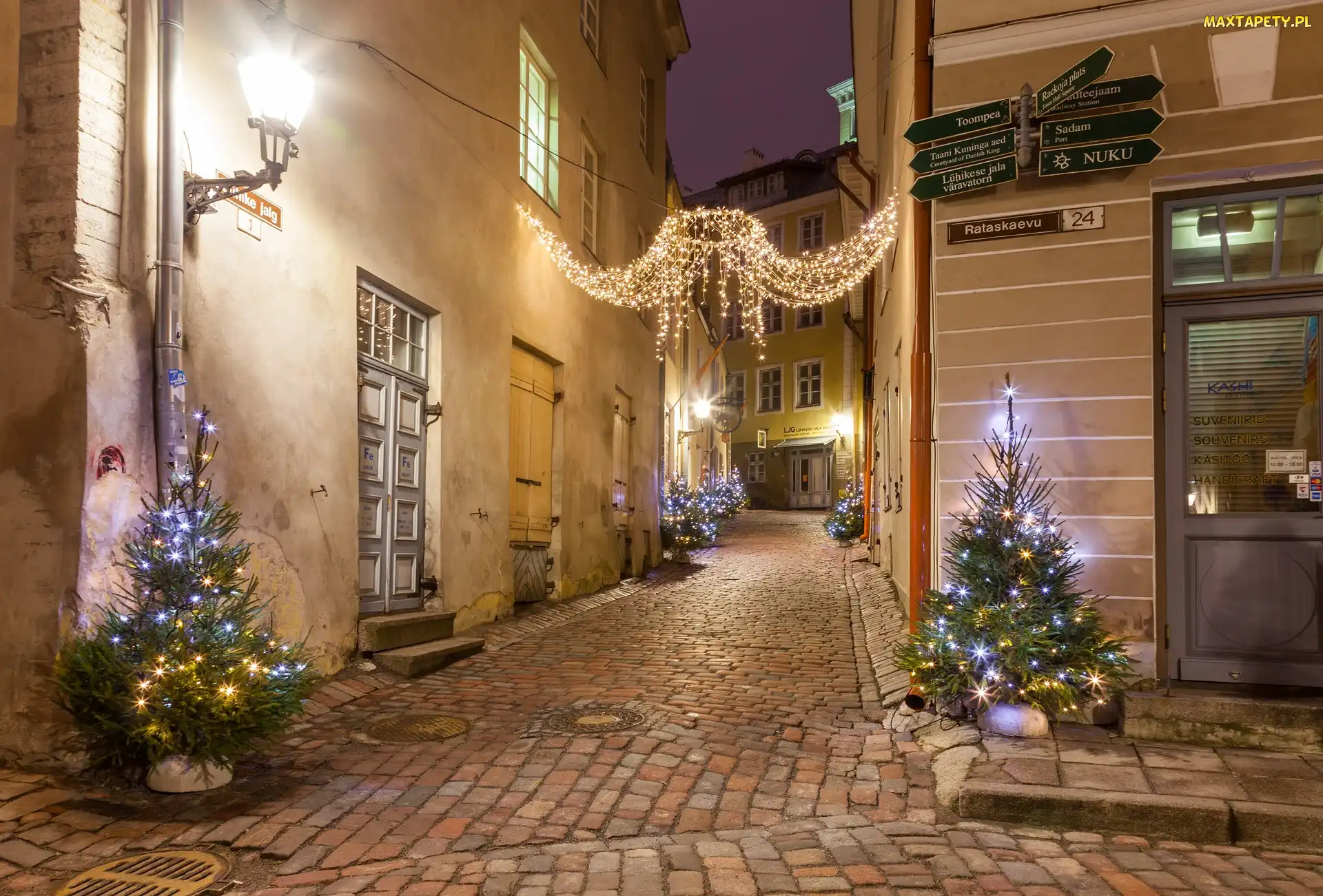 Choinka, Dekoracja, Udekorowana, Boże Narodzenie, Estonia, Ulica, Domy, Tallinn, Światła