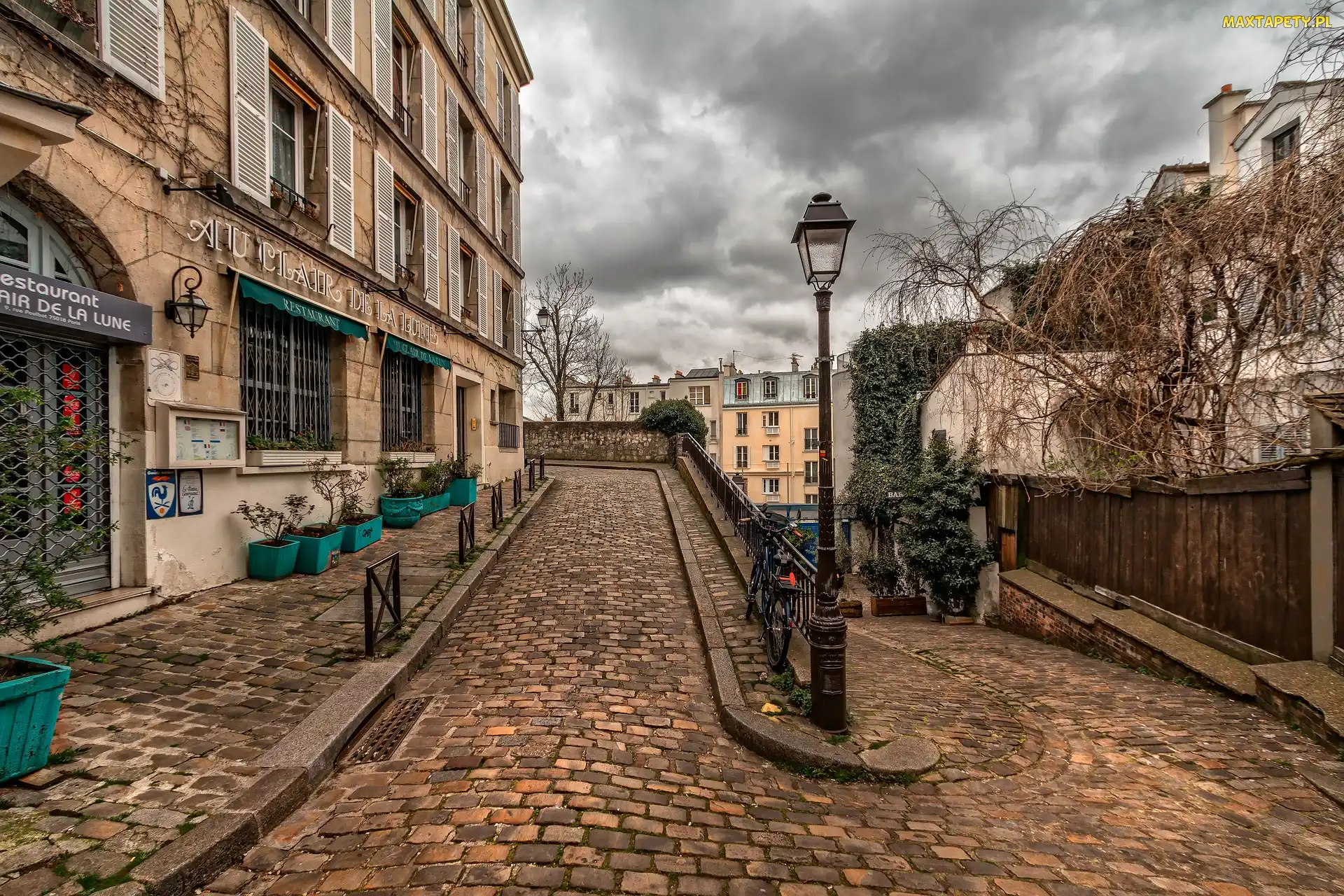 Bruk, Ulica, Francja, Latarnia, Dzielnica Montmartre, Paryż, Domy