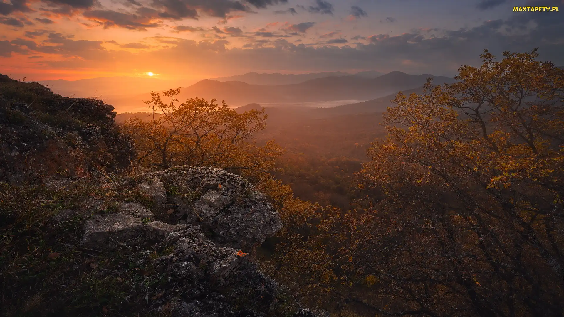 Adygeja, Drzewa, Kaukaz, Rosja, Skały, Góry, Wschód słońca