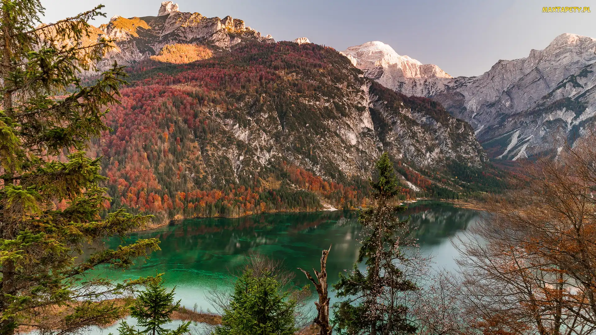 Alpy, Góry, Austria, Drzewa, Jesień, Dolina Almtal, Jezioro Almsee