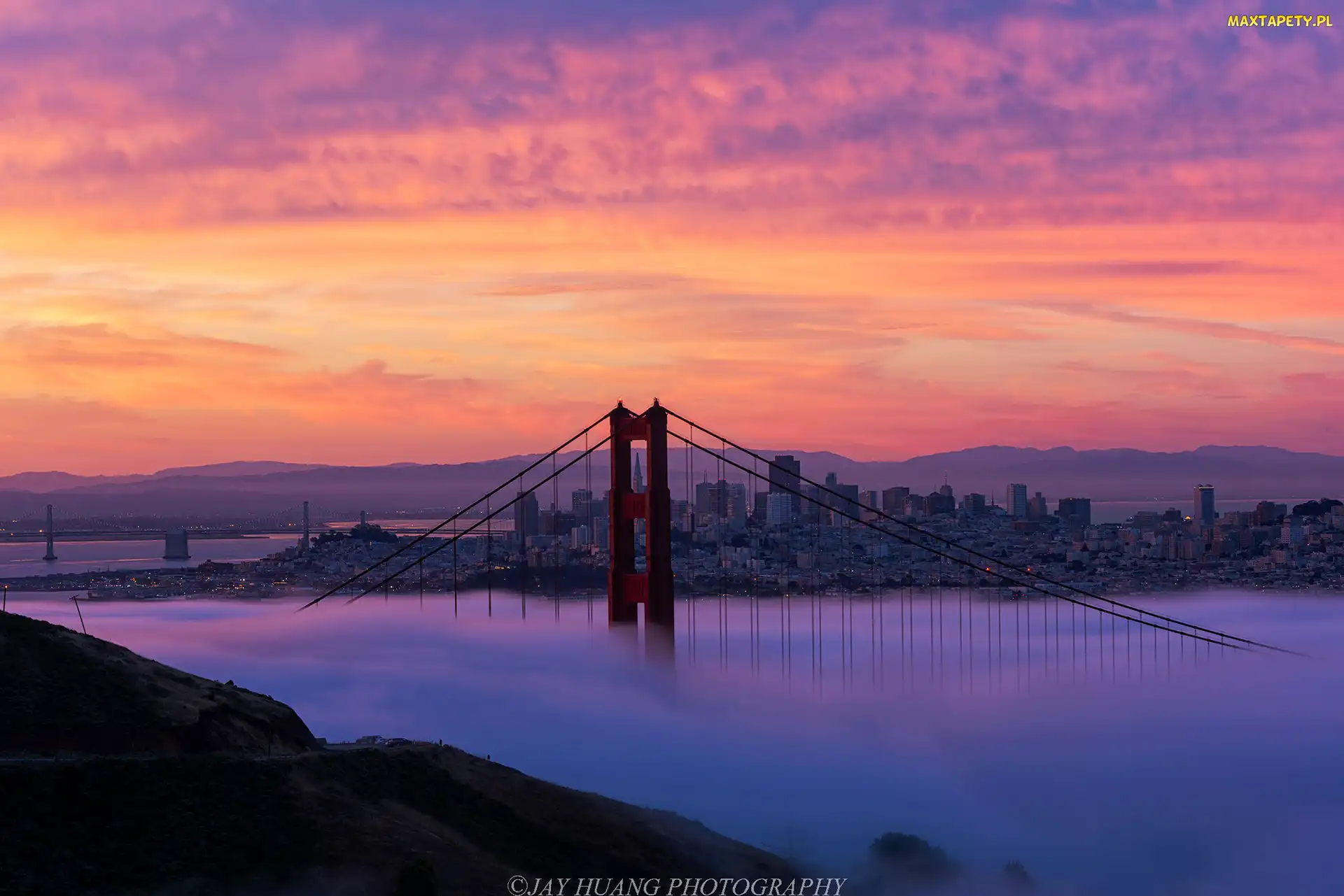Mgła, Stany Zjednoczone, Cieśnina Golden Gate, Wschód słońca, Kalifornia, Most Golden Gate, San Francisco