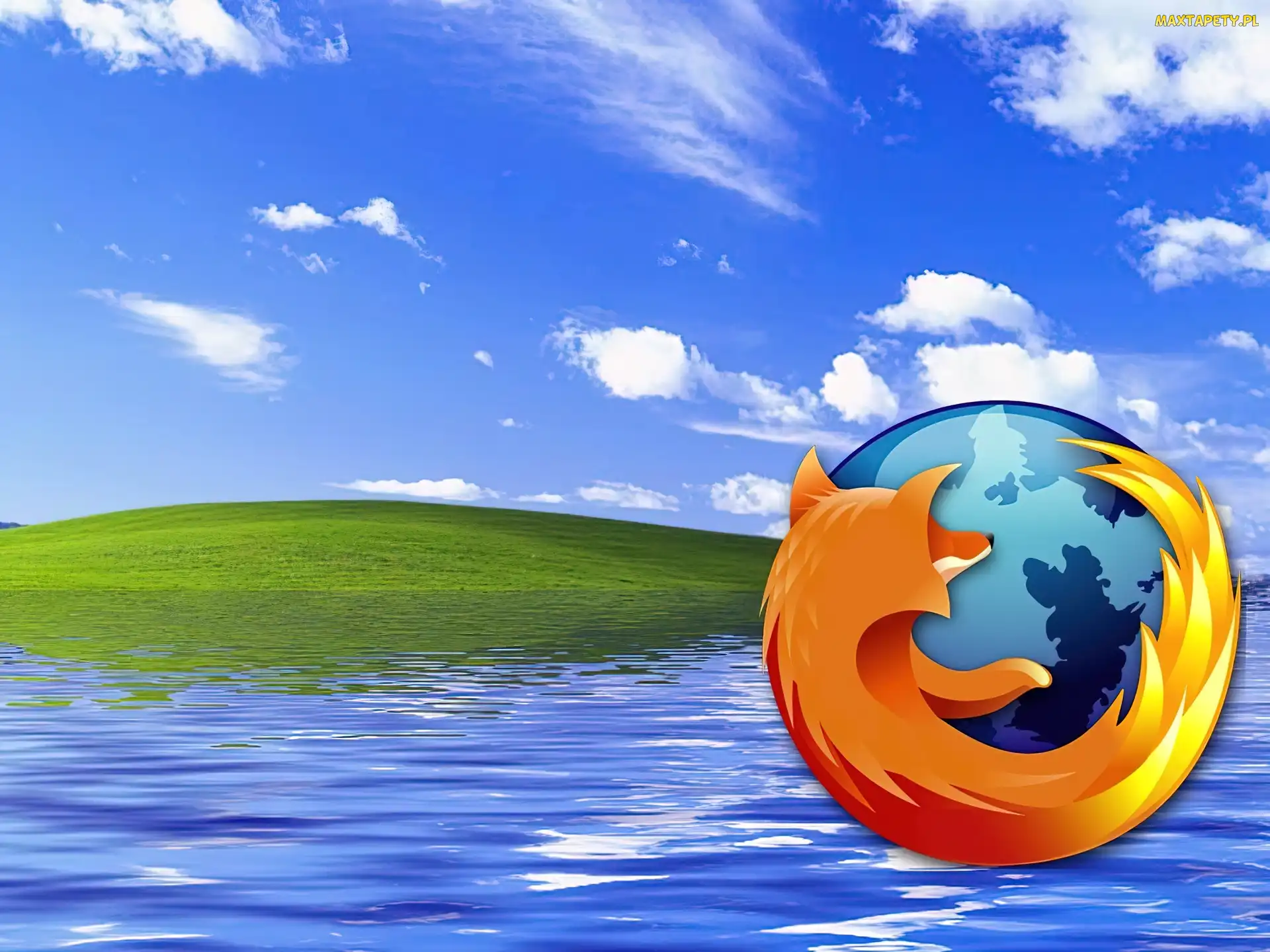 woda, łąka, FireFox, niebo, lis, ziemia, chmury