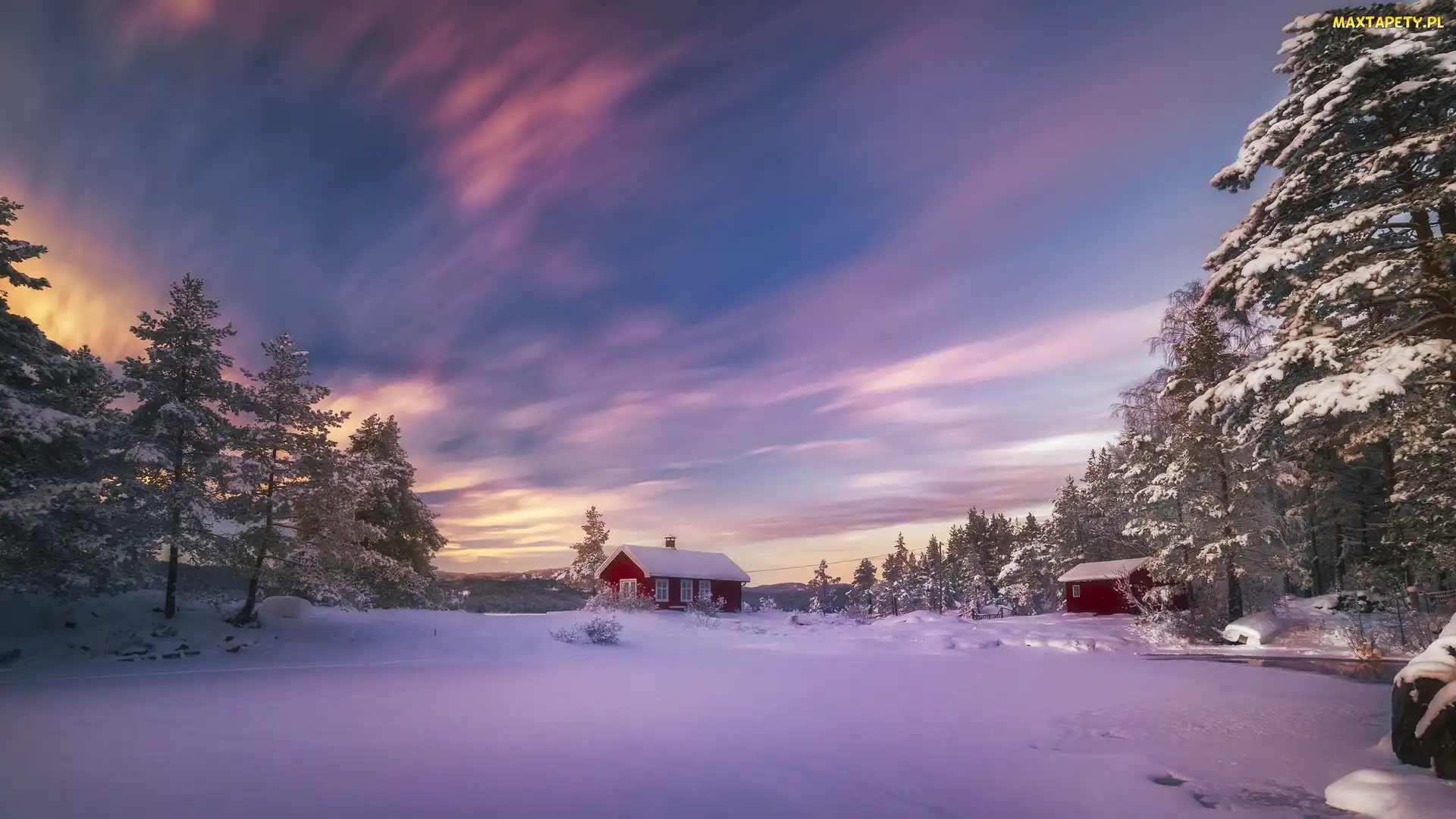 Norwegia, Ringerike, Zima, Drzewa, Domy, Jezioro