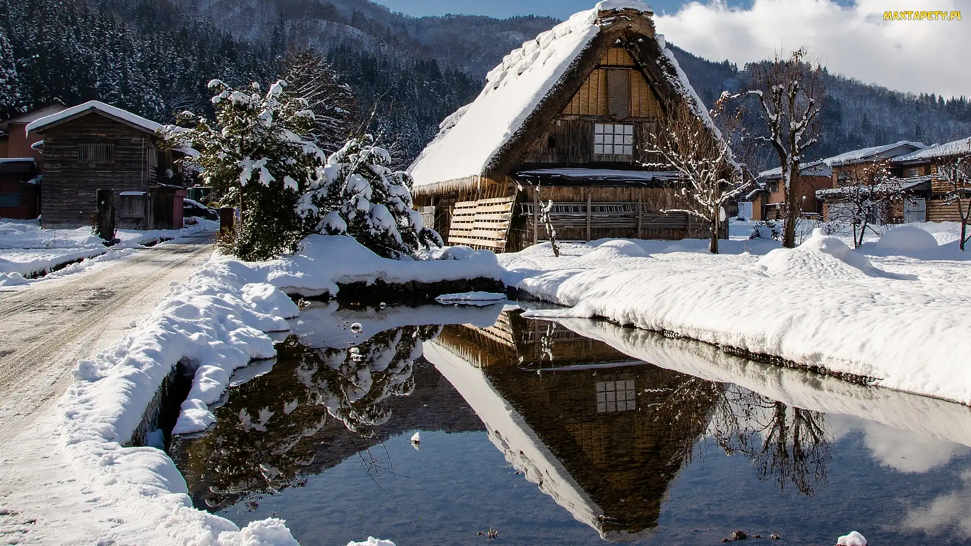 Drzewa, Góry, Zima, Śnieg, Wieś Shirakawa, Japonia, Drewniane, Prefektura Gifu, Droga, Domy, Staw