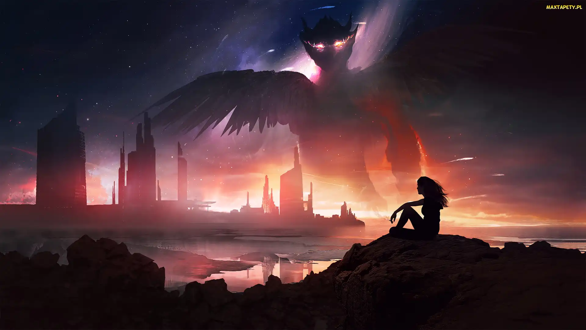 Fantasy, Demon, Kobieta, Miasto, Wzgórze, Potwór