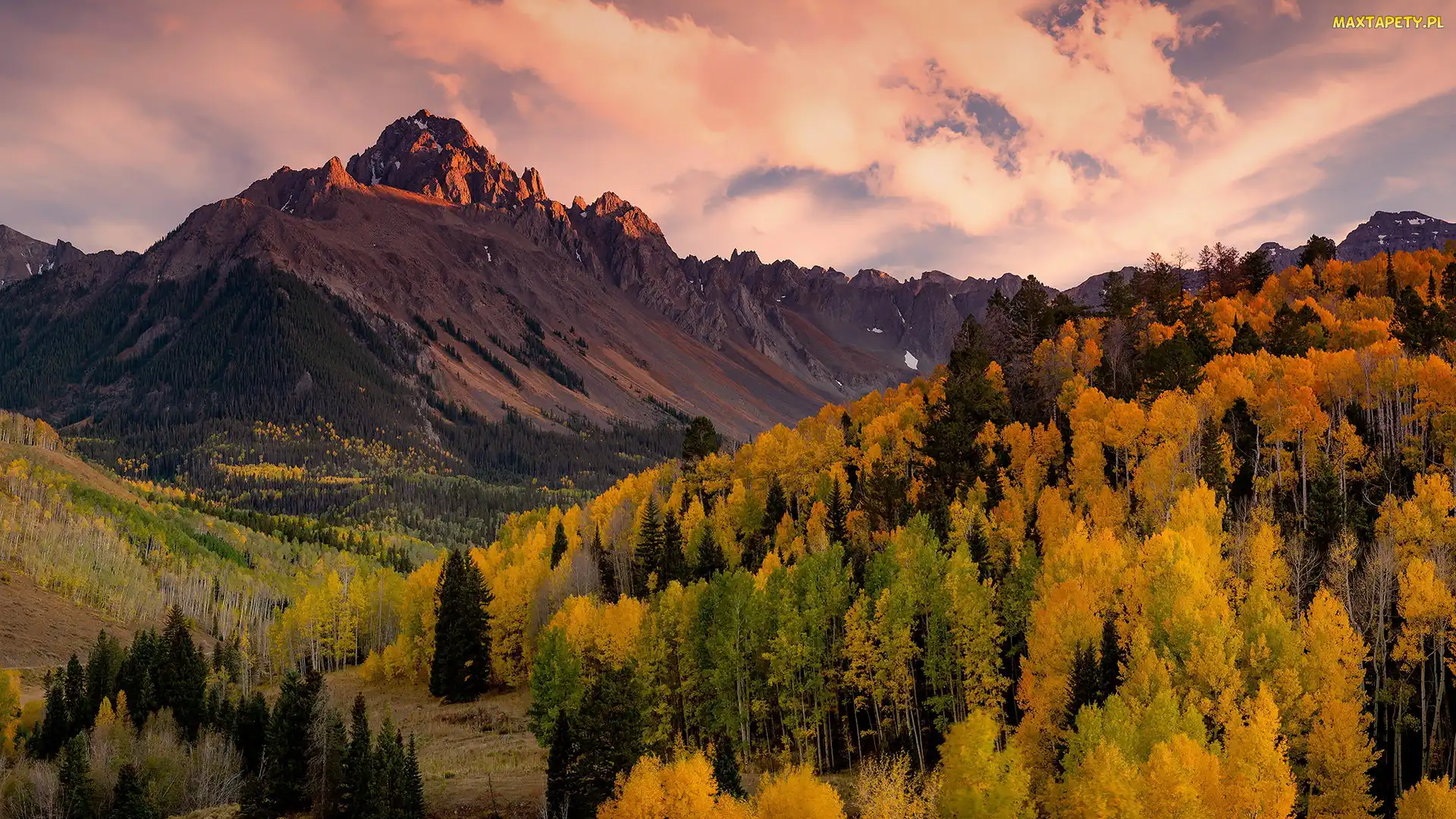 Góry, Kolorado, Jesień, Stany Zjednoczone, Przełęcz Dallas Divide, Drzewa, San Juan Mountains, Góra Mount Sneffels, Lasy