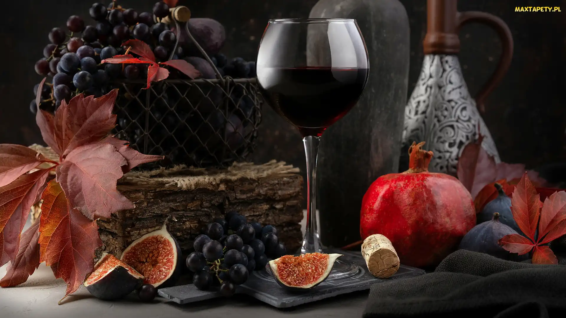 Kieliszek, Kompozycja, Liście, Granat, Figi, Winogrona, Wino