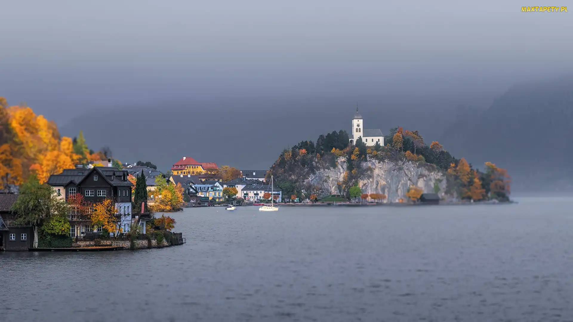 Austria, Domy, Skała, Jezioro Traunsee, Kościół w Traunkirchen, Jesień