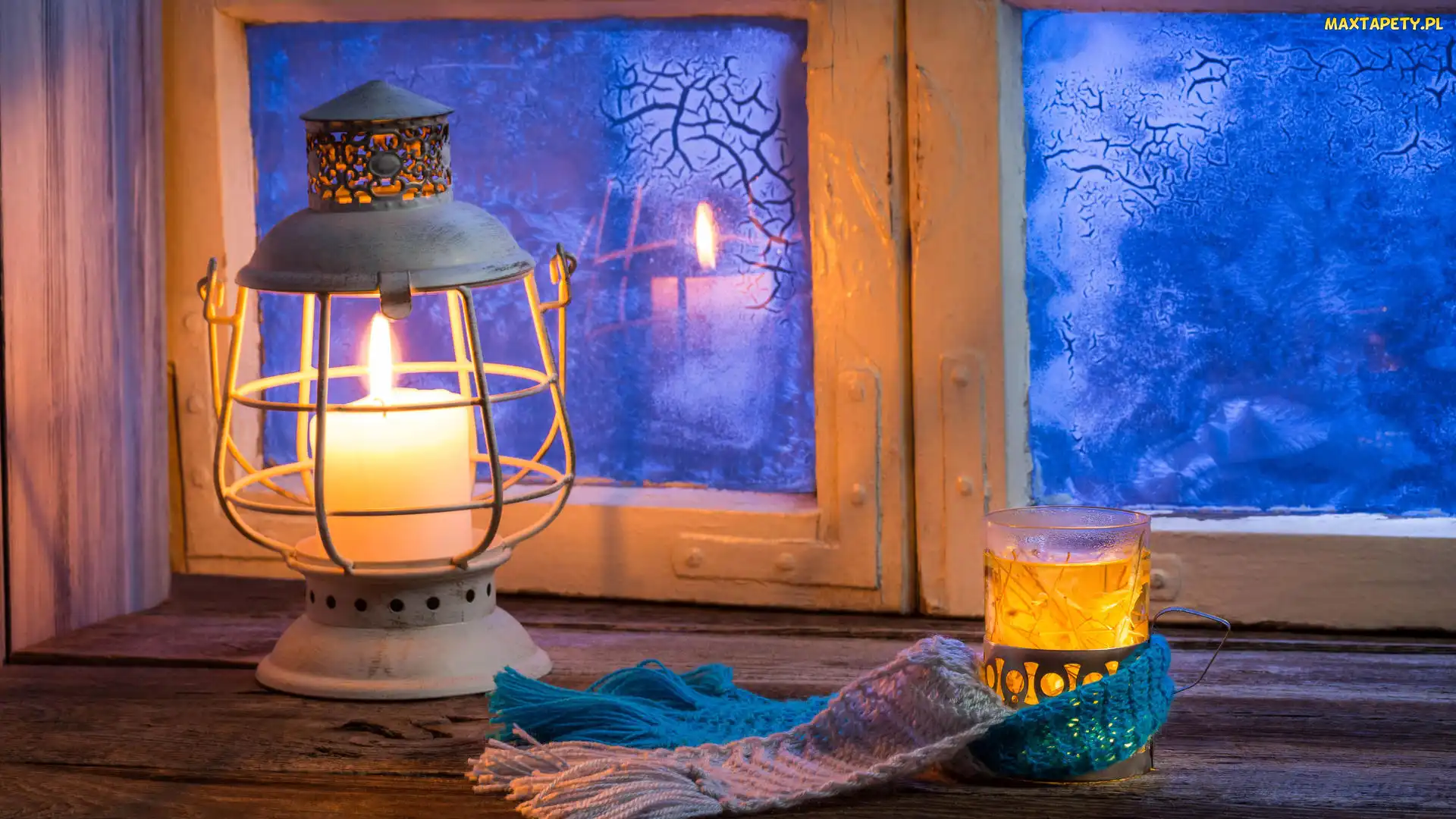 Lampion, Herbata, Zima, Szklanka, Okno, Świeca, Mróz, Szalik
