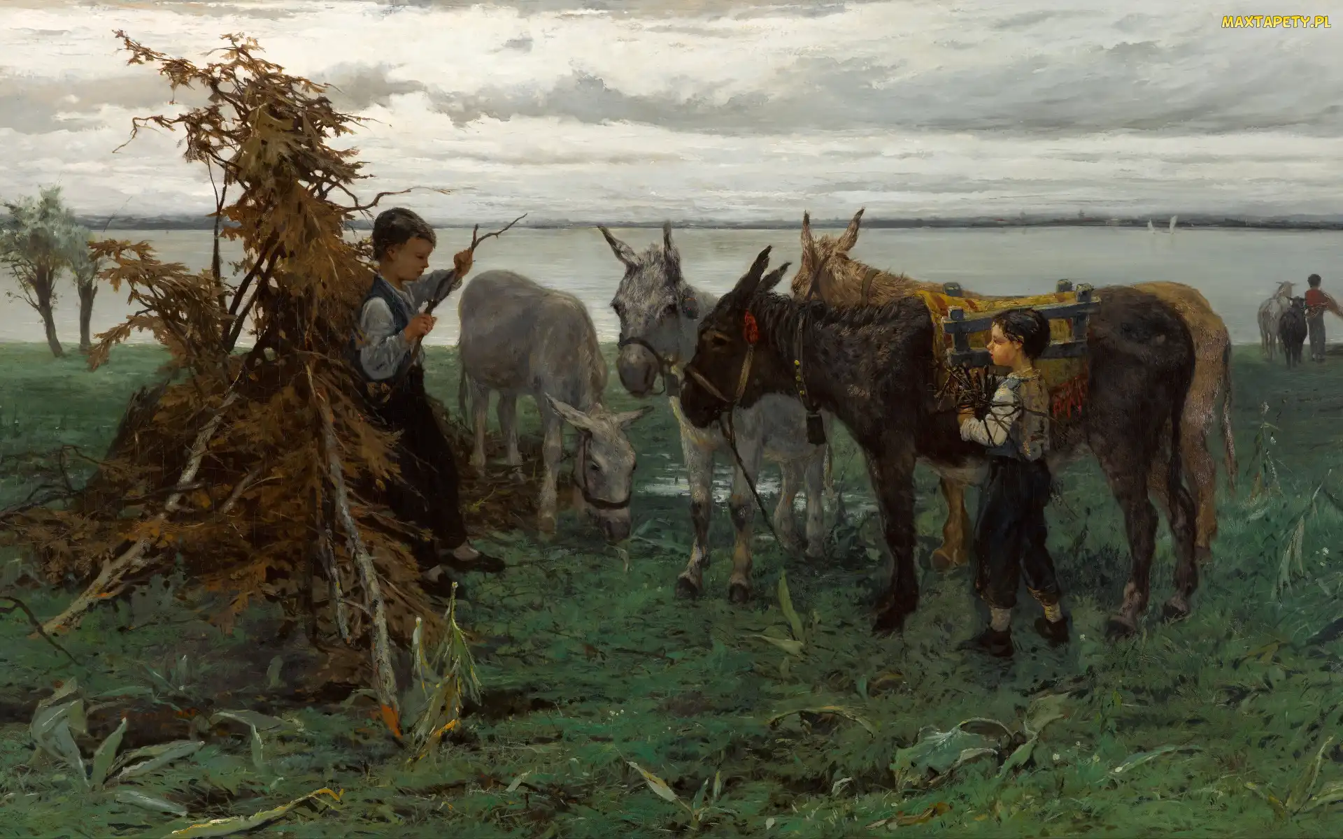 Malarstwo, Obraz, Chłopcy, Willem Maris, Gałęzie, Dzieci, Osły