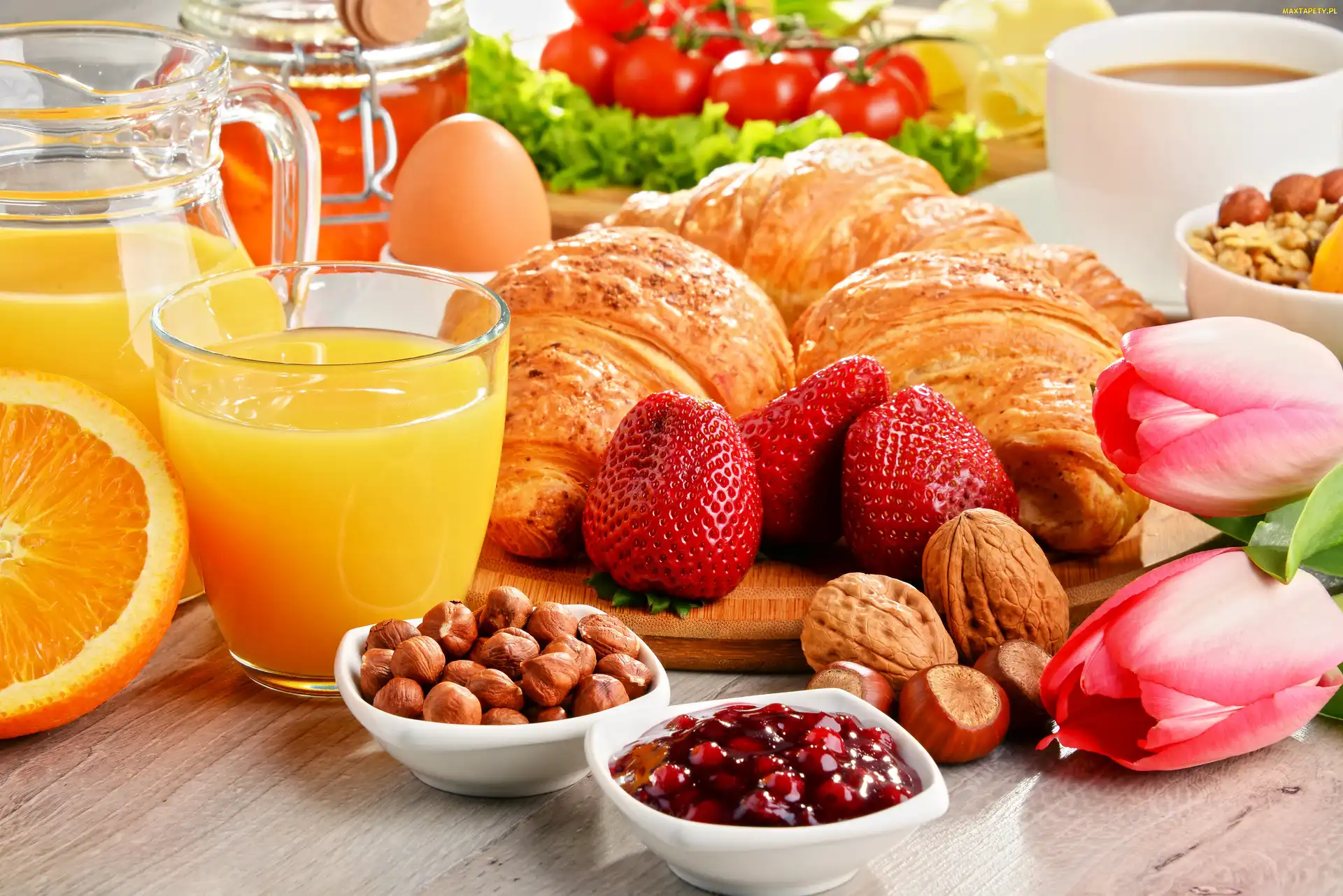 Rogaliki, Truskawki, Pomarańczowy, Sok, Śniadanie