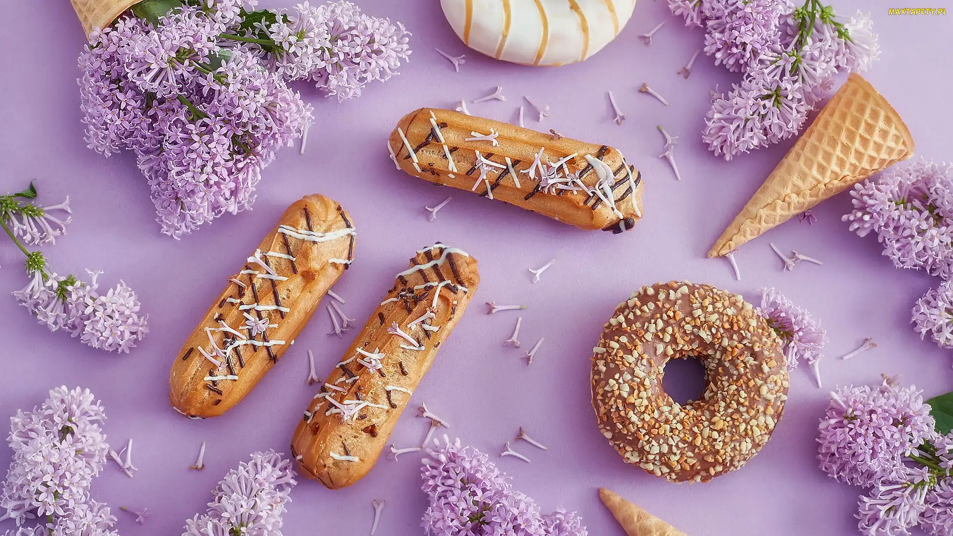 Liliowy, Fioletowe, Tło, Fioletowy, Bez, Gałązki, Donut, Lilak, Eklerki, Rożki, Ciastka, Waflowe
