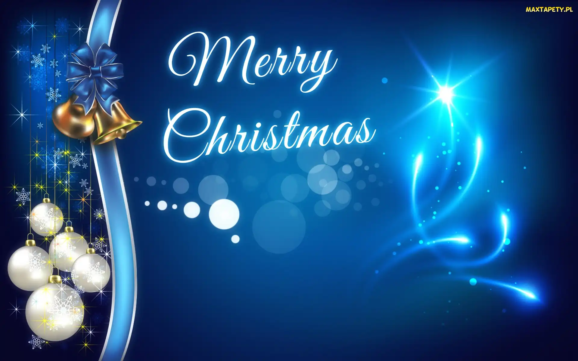 Dzwony, Napis, Boże Narodzenie, Wstążki, Grafika, Bombki, Niebieskie tło, Merry Christmas