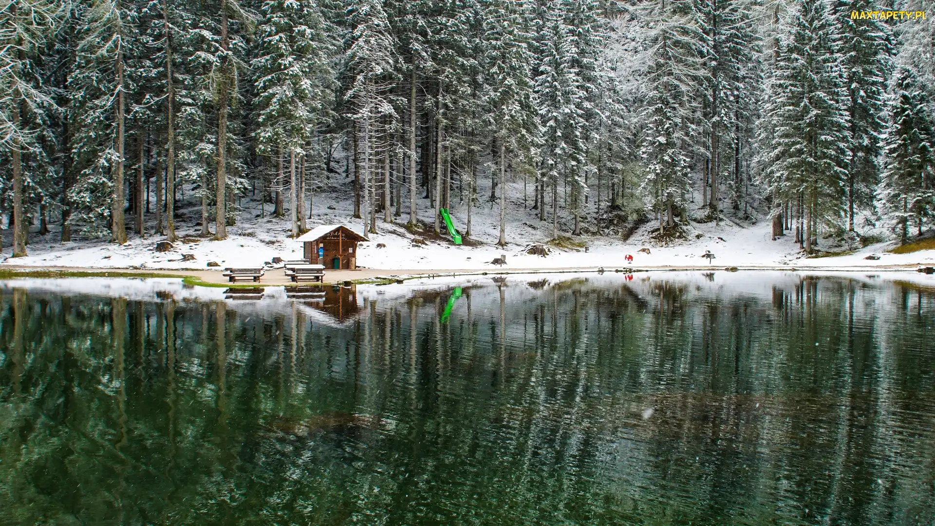 Las, Domek, Śnieg, Jezioro, Zima