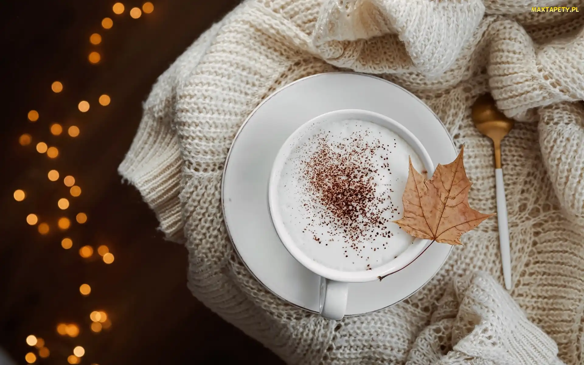 Cappuccino, Suchy, Kawa, Filiżanka, Bokeh, Liść, Klonowy, Sweter, Łyżeczka