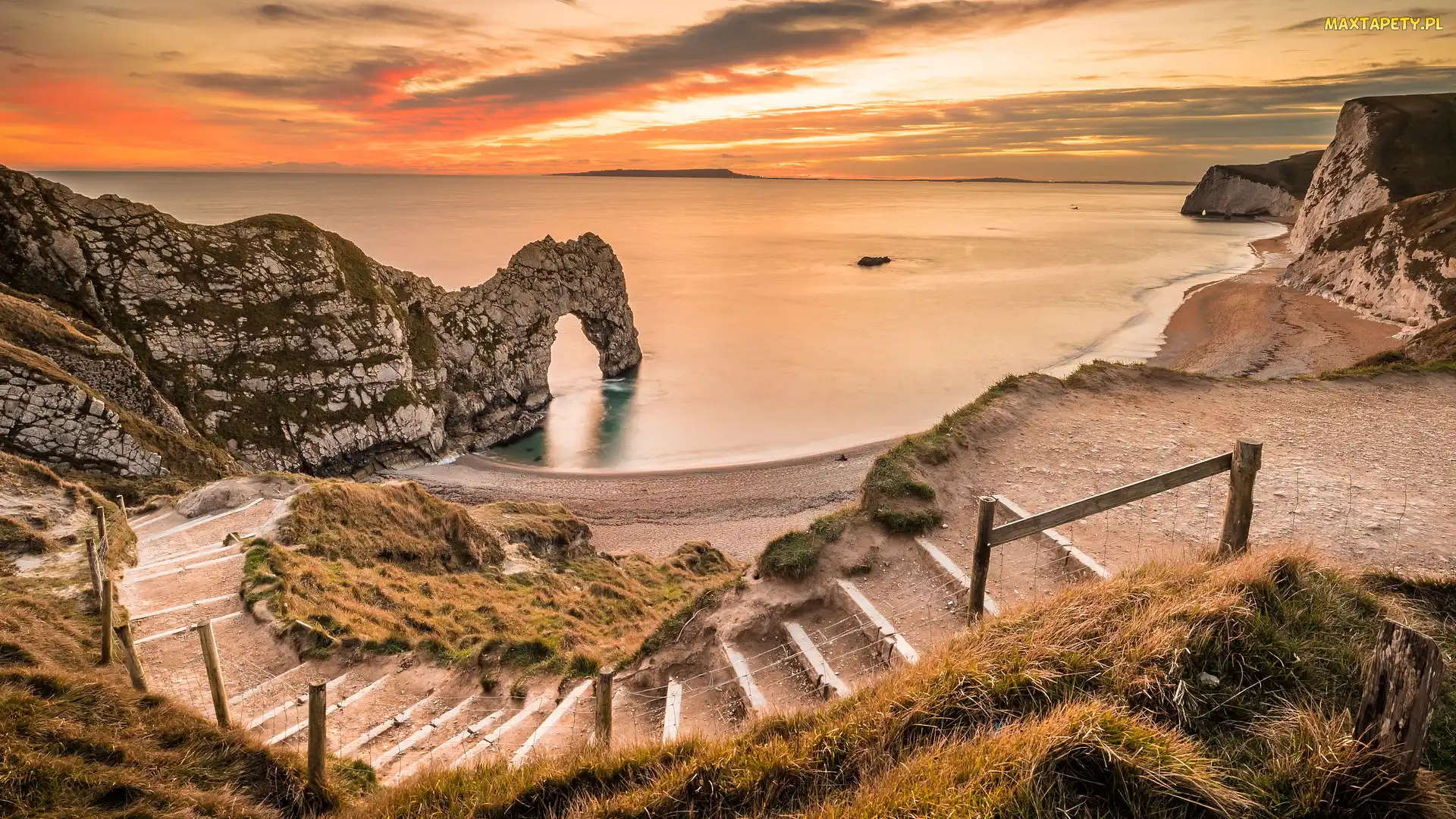 Łuk wapienny, Plaża, Schody, Anglia, Zachód słońca, Wybrzeże Jurajskie, Durdle Door, Morze, Skały