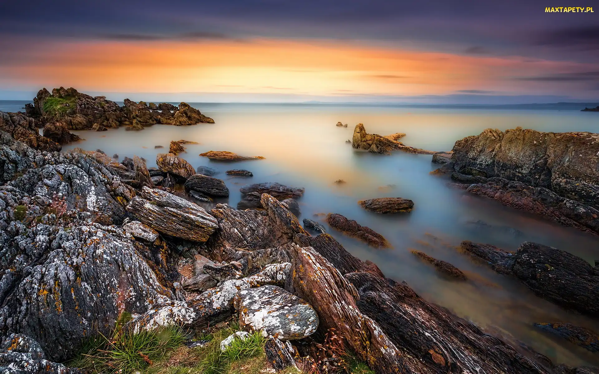 Irlandia, Hrabstwo Donegal, Morze, Zachód słońca, Wybrzeże, Skały