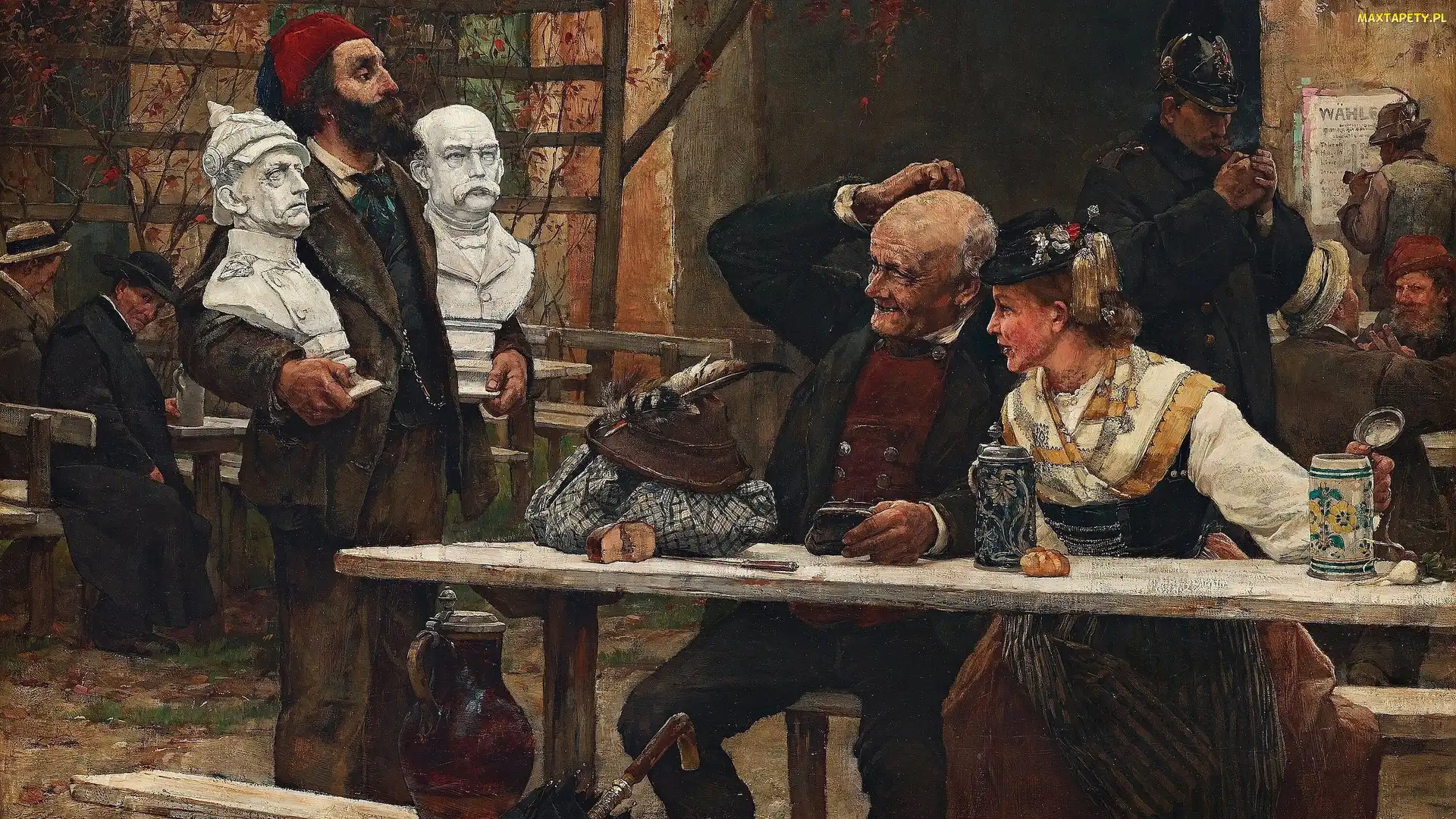 Posągi, Kobieta, Dzbanek, Mężczyźni, Carl Gustaf Hellqvist, Obraz, Karczma, Stolik, Malarstwo, Kufle