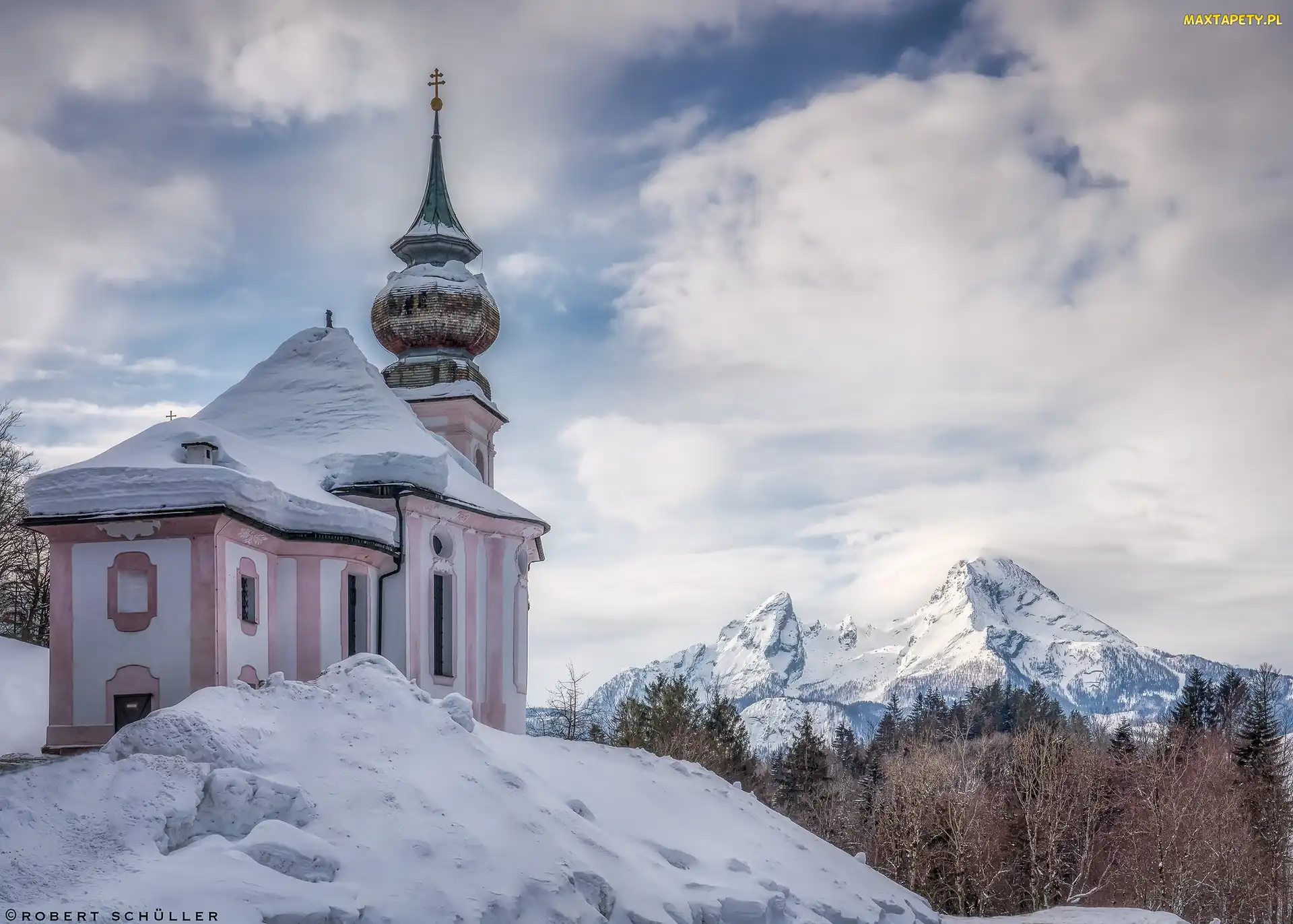 Niemcy, Berchtesgaden, Sanktuarium Maria Gern, Bawaria, Kościół, Alpy Salzburskie, Drzewa, Zima, Góry, Śnieg