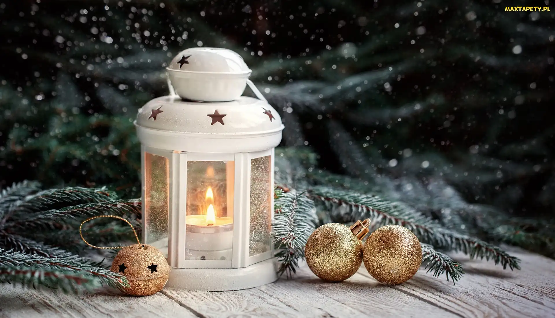 Bombki, Złote, Boże Narodzenie, Lampion, Świerkowe, Gałązki, Biały
