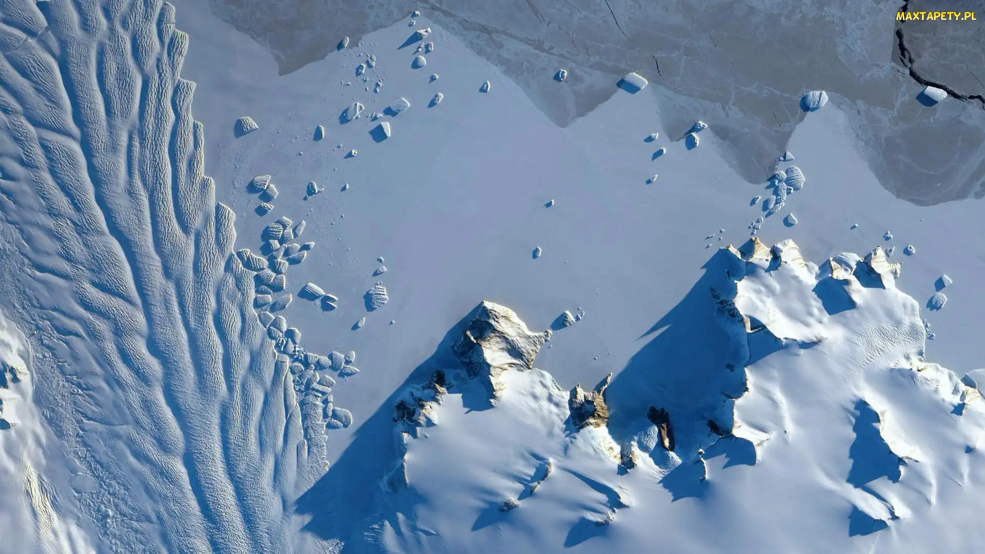 Z lotu ptaka, Skały, Śnieg, Antarktyda, Lodowiec, Matusevich Glacier