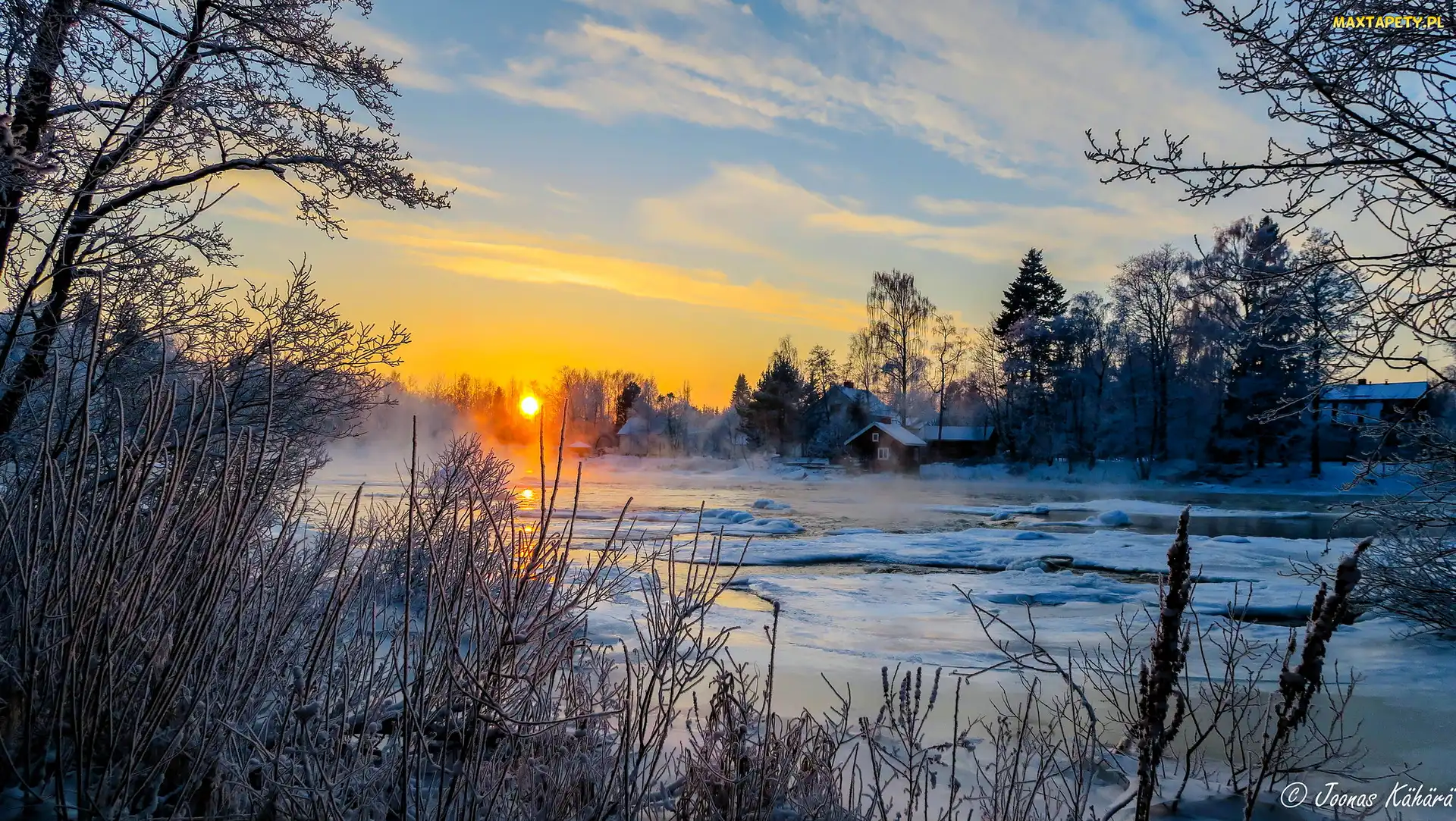Zima, Kotka, Wschód słońca, Finlandia, Siikakoski, Drzewa, Rzeka, Domy, Oszronione