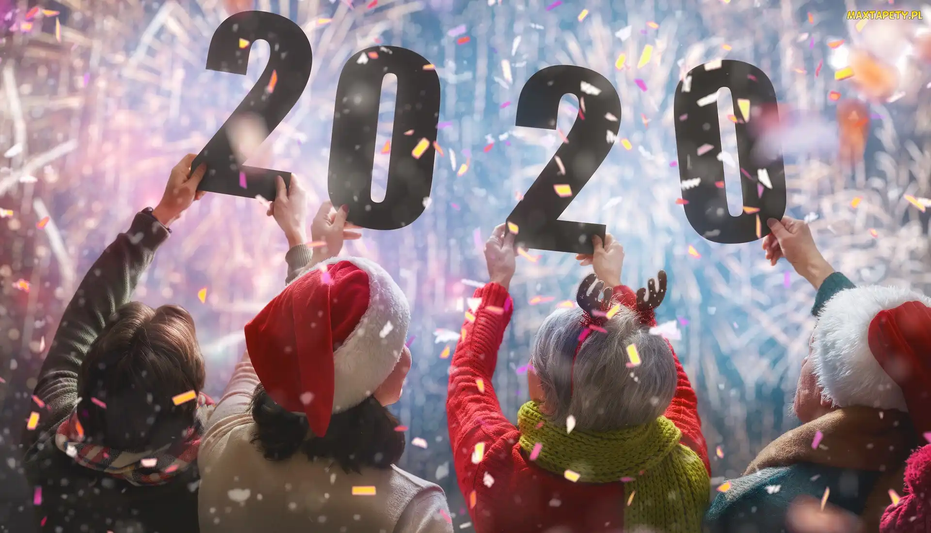 Nowy Rok, Cyfry, Konfetti, Ludzie, Fajerwerki, 2020