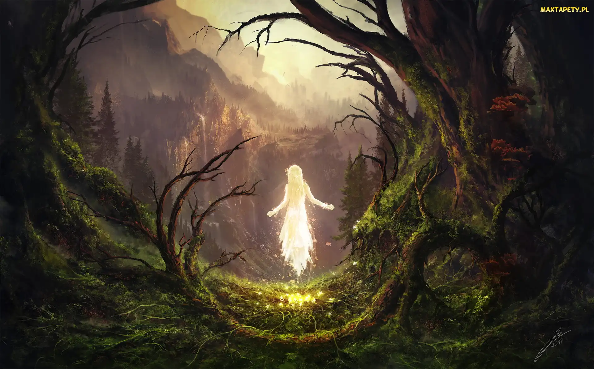 Las, Dziewczyna, Góry, Drzewa, Fantasy