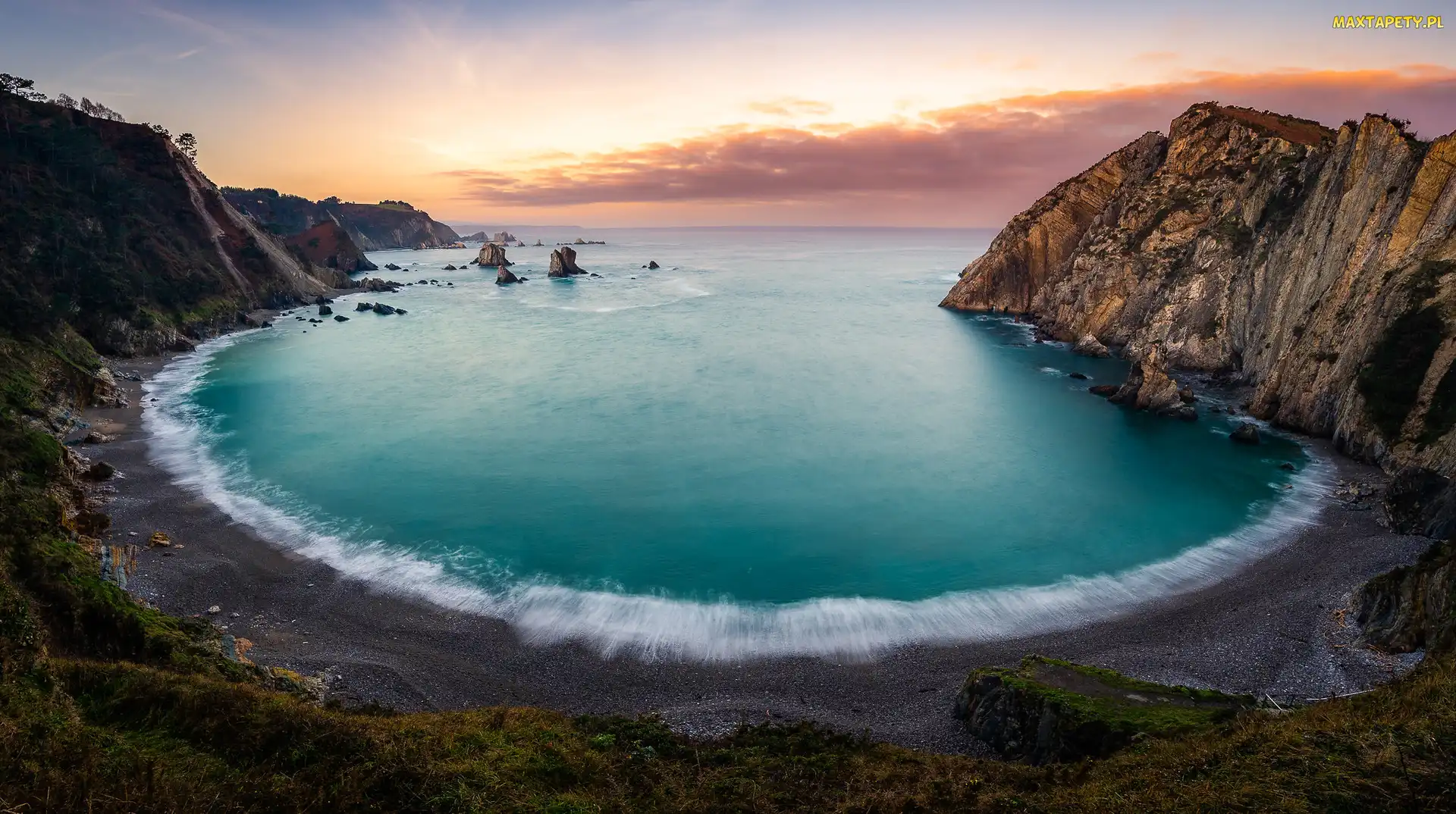 Zachód słońca, Plaża, Morze, Skały, Asturia, Góry, Hiszpania, Playa del Silencio