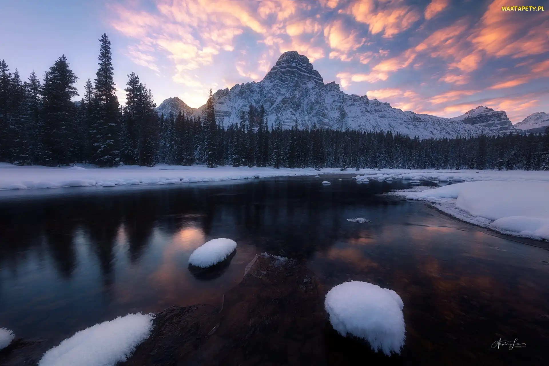 Kanada, Bow River, Las, Zima, Rzeka, Drzewa, Park Narodowy Banff, Prowincja Alberta, Góry