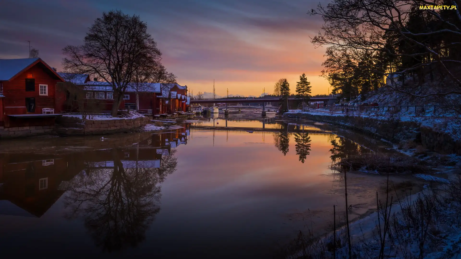 Porvoo, Zima, Most, Finlandia, Drzewa, Rzeka Porvoonjoki, Domy