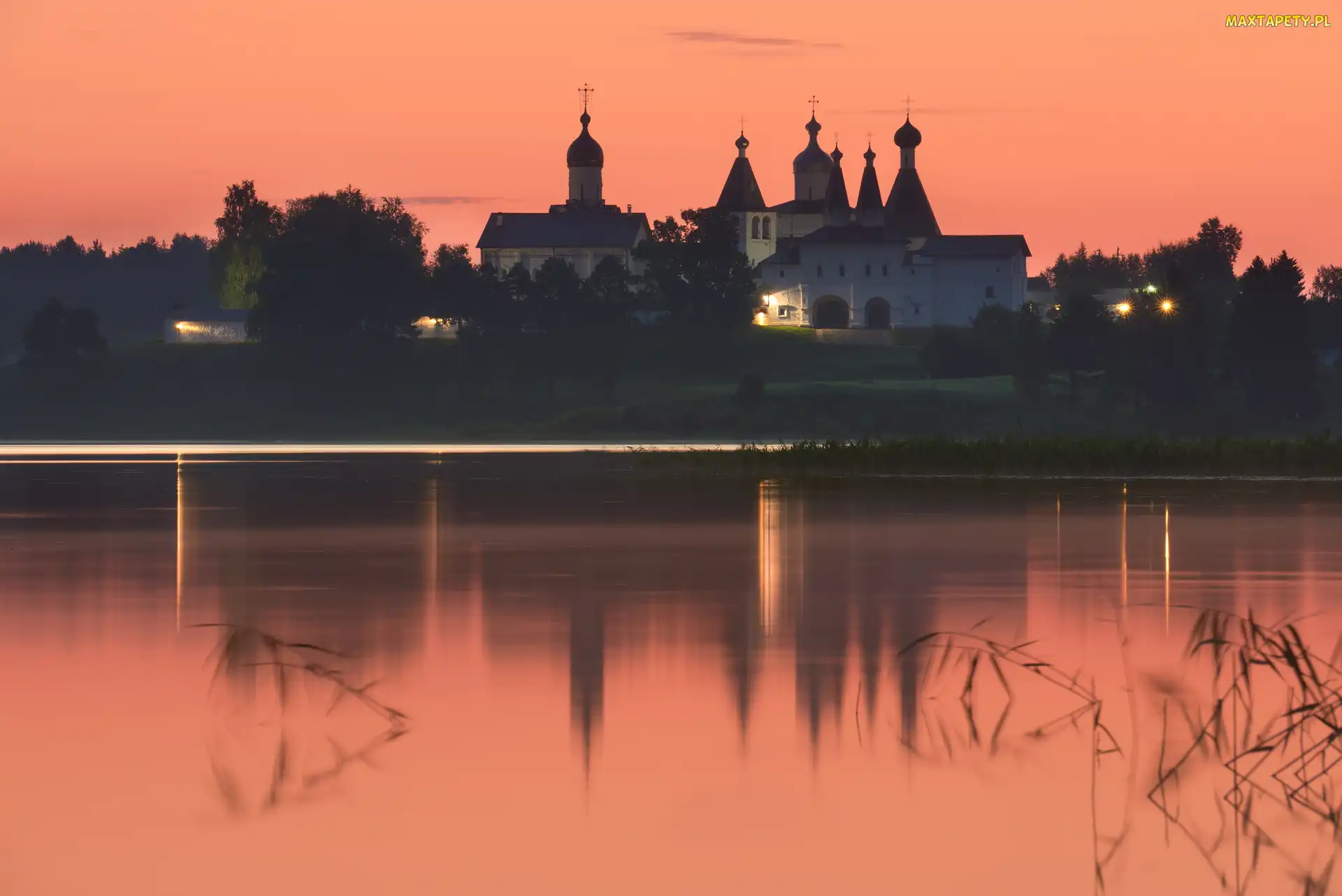Klasztor, Rzeka, Zachód słońca, Rosja, Wieś Ferapontovo, Monaster Terapontowski, Obwód wołogodzki, Odbicie