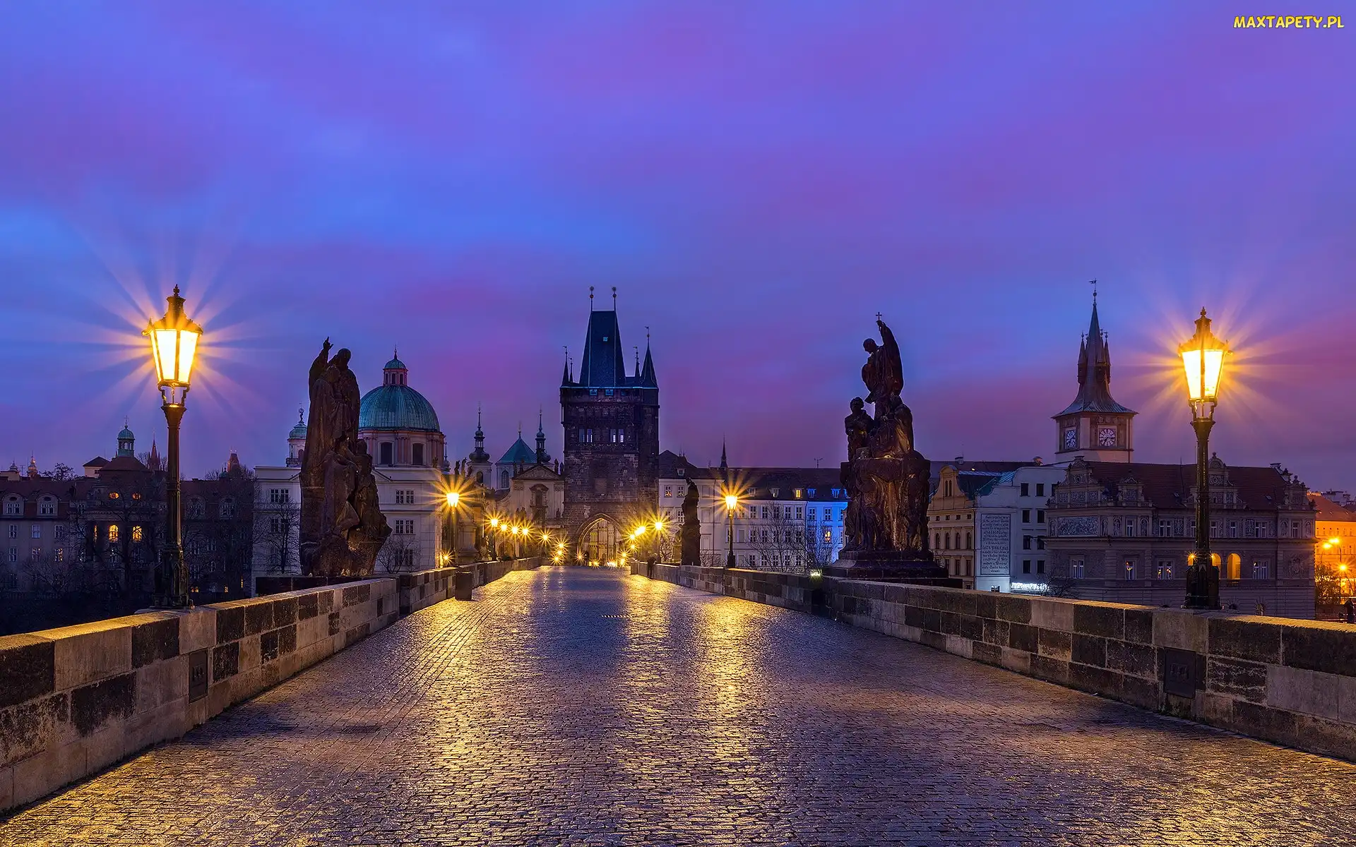 Czechy, Praga, Oświetlenie, Most Karola, Latarnie, Posągi