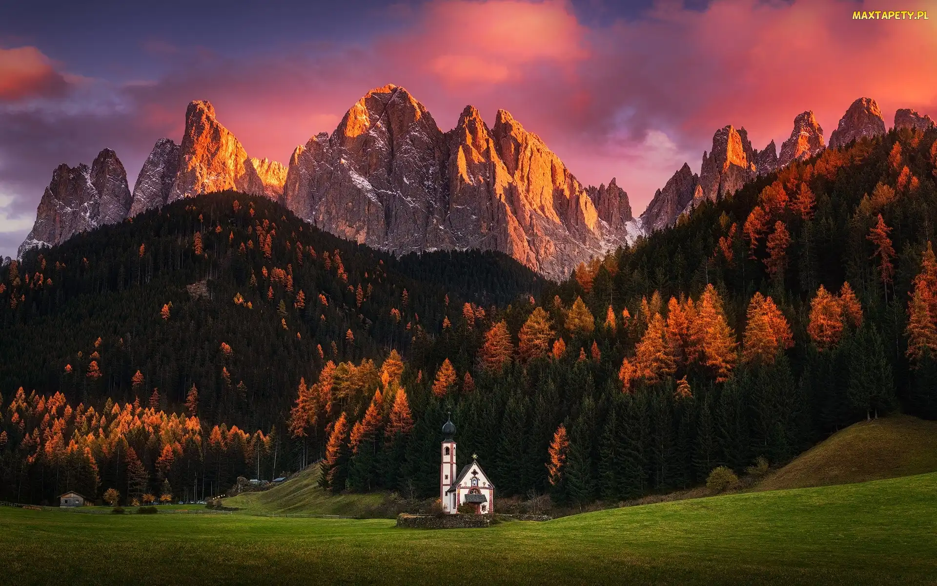Las, Kościół św. Jana, Włochy, Masyw Odle, Góry Dolomity, Zachód słońca, Dolina Val di Funes