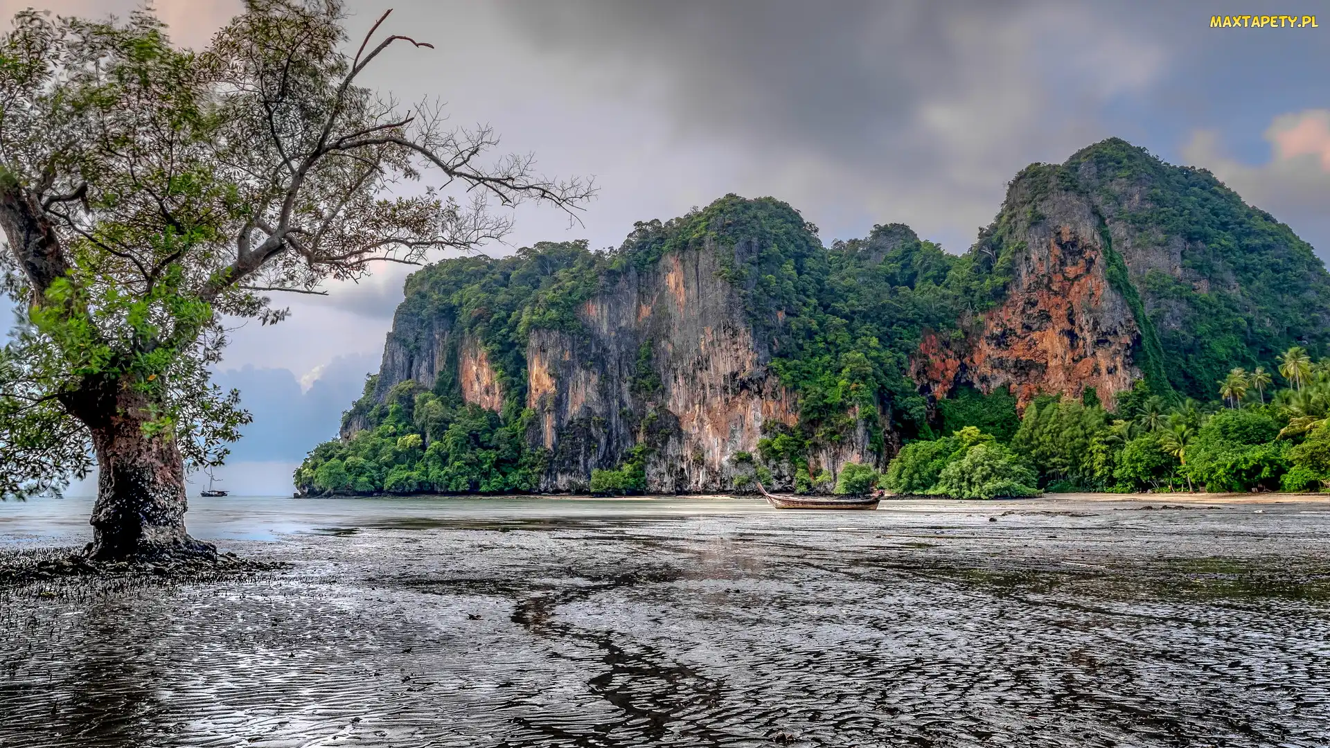 Krabi, Ao Nang, Zatoka East Railay Bay, Tajlandia, Łódki, Góry, Drzewo