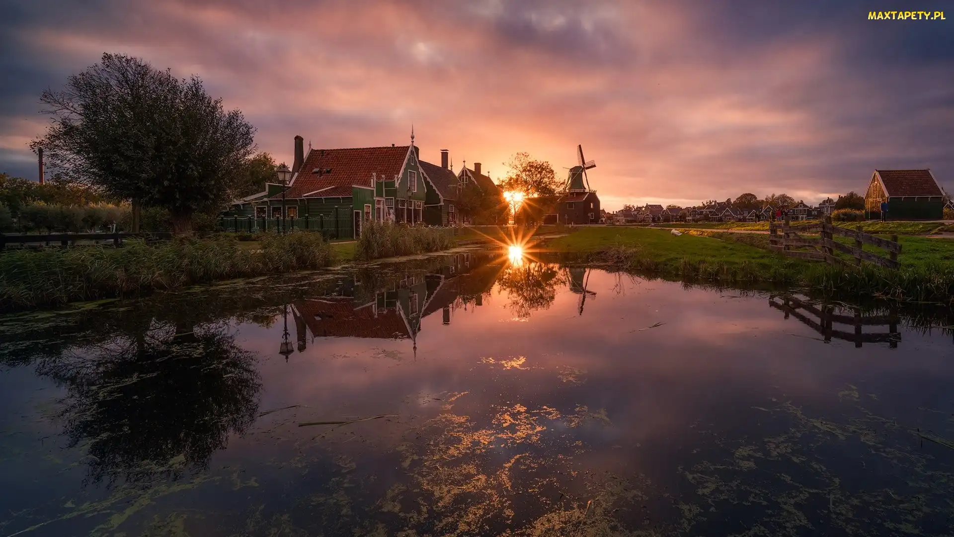 Holandia, Zachód słońca, Drzewa, Zaandam, Most, Skansen Zaanse Schans, Wiatraki, Domy, Skansen Wiatraków, Staw