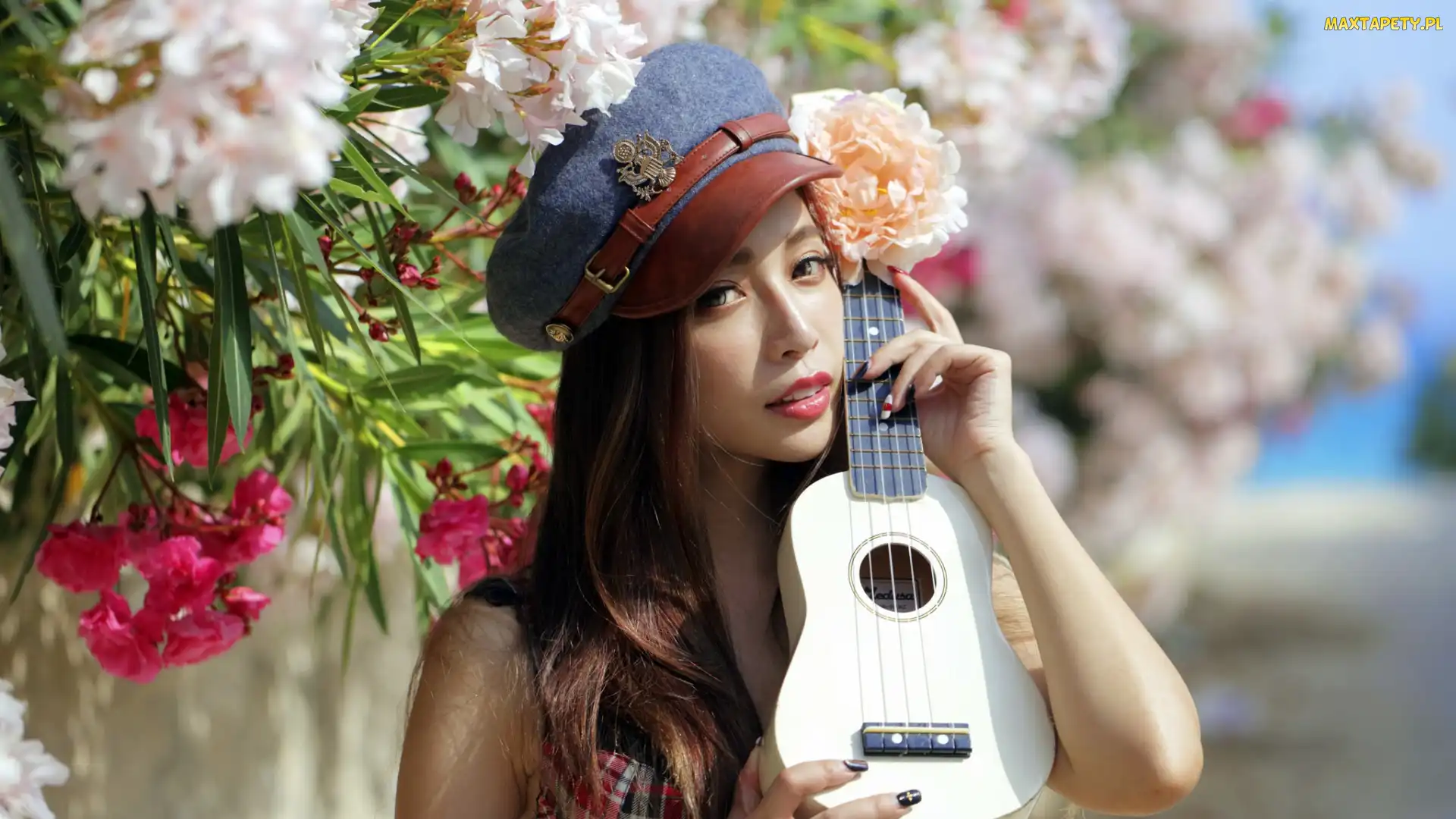 Czapka, Kwiaty, Ukulele, Kobieta, Portret, Azjatka