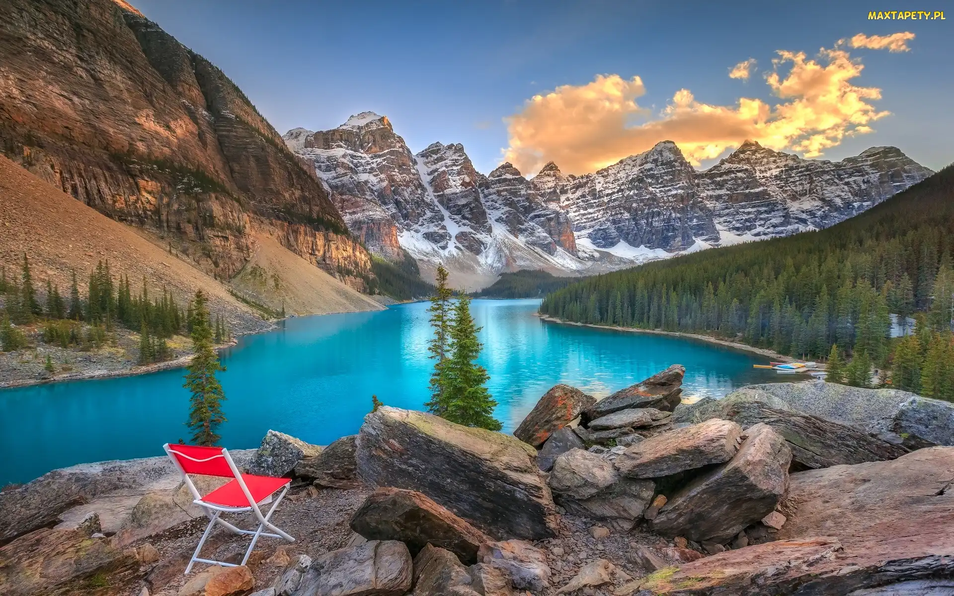 Kanada, Czerwone, Drzewa, Krzesło, Góry, Las, Prowincja Alberta, Park Narodowy Banff, Jezioro Moraine